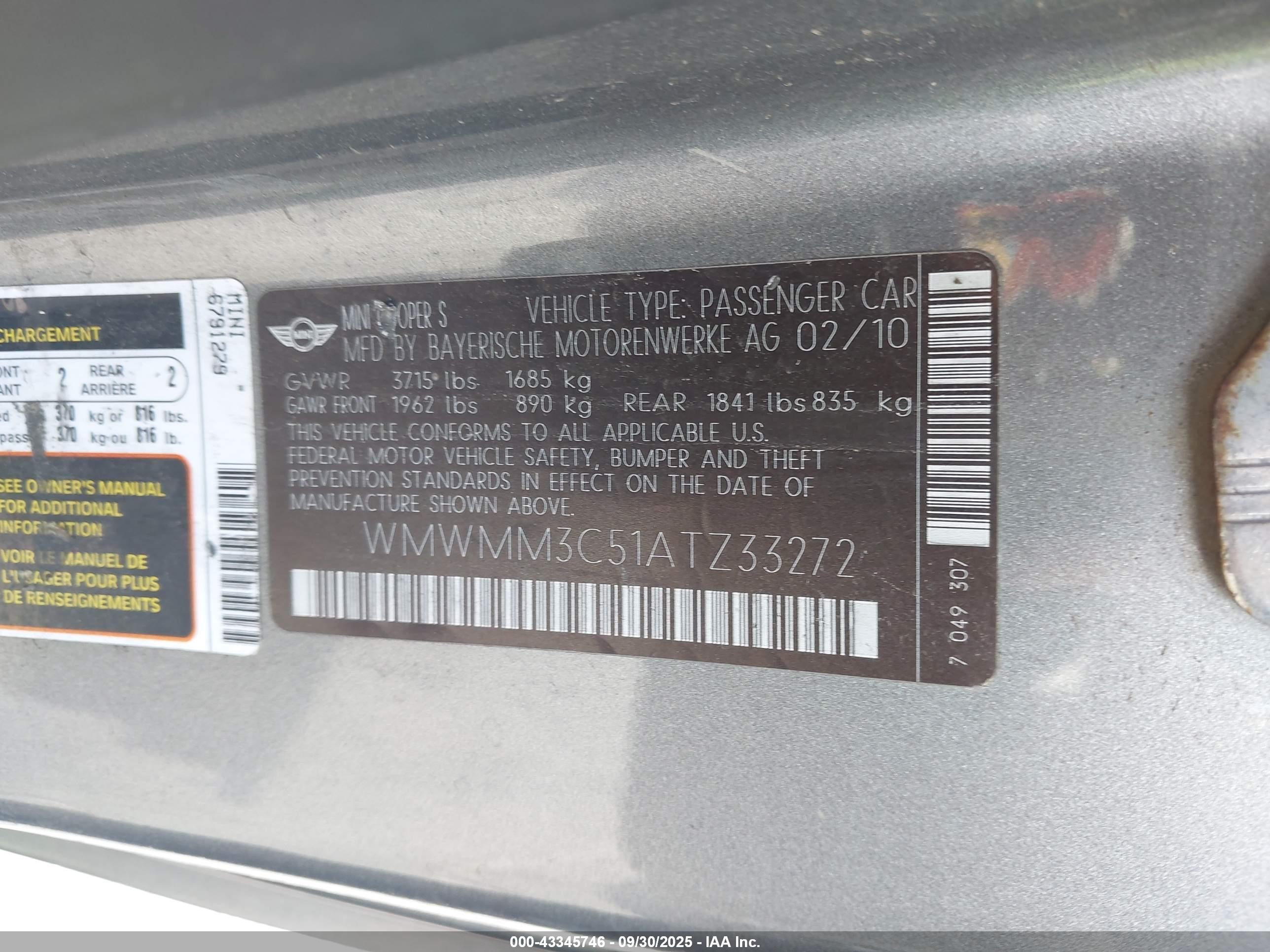 2010 Mini Cooper S Clubman   Gray vin: WMWMM3C51ATZ33272
