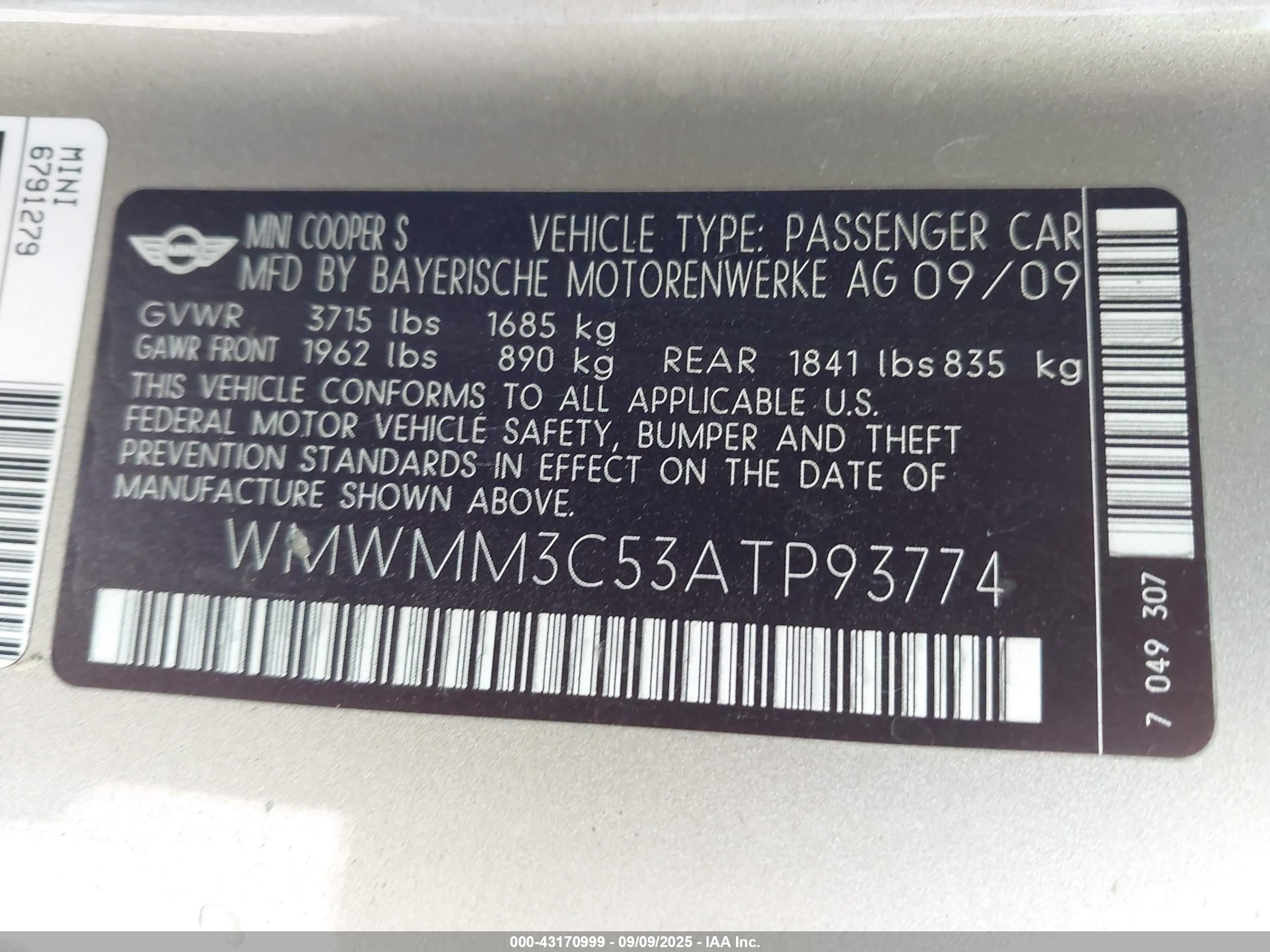 2010 Mini Cooper S Clubman   Champagne vin: WMWMM3C53ATP93774