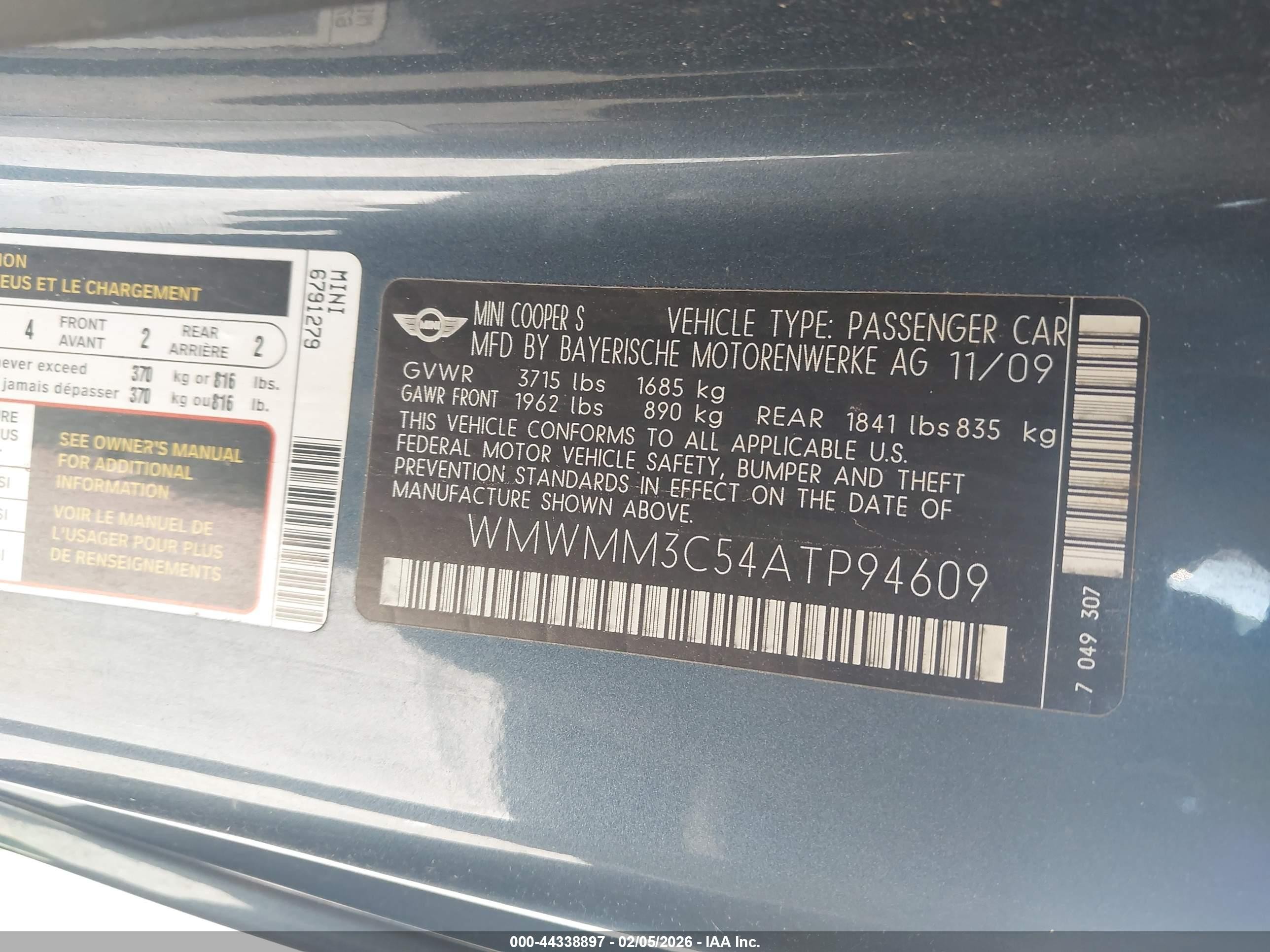 2010 Mini Cooper S Clubman   Light Blue vin: WMWMM3C54ATP94609