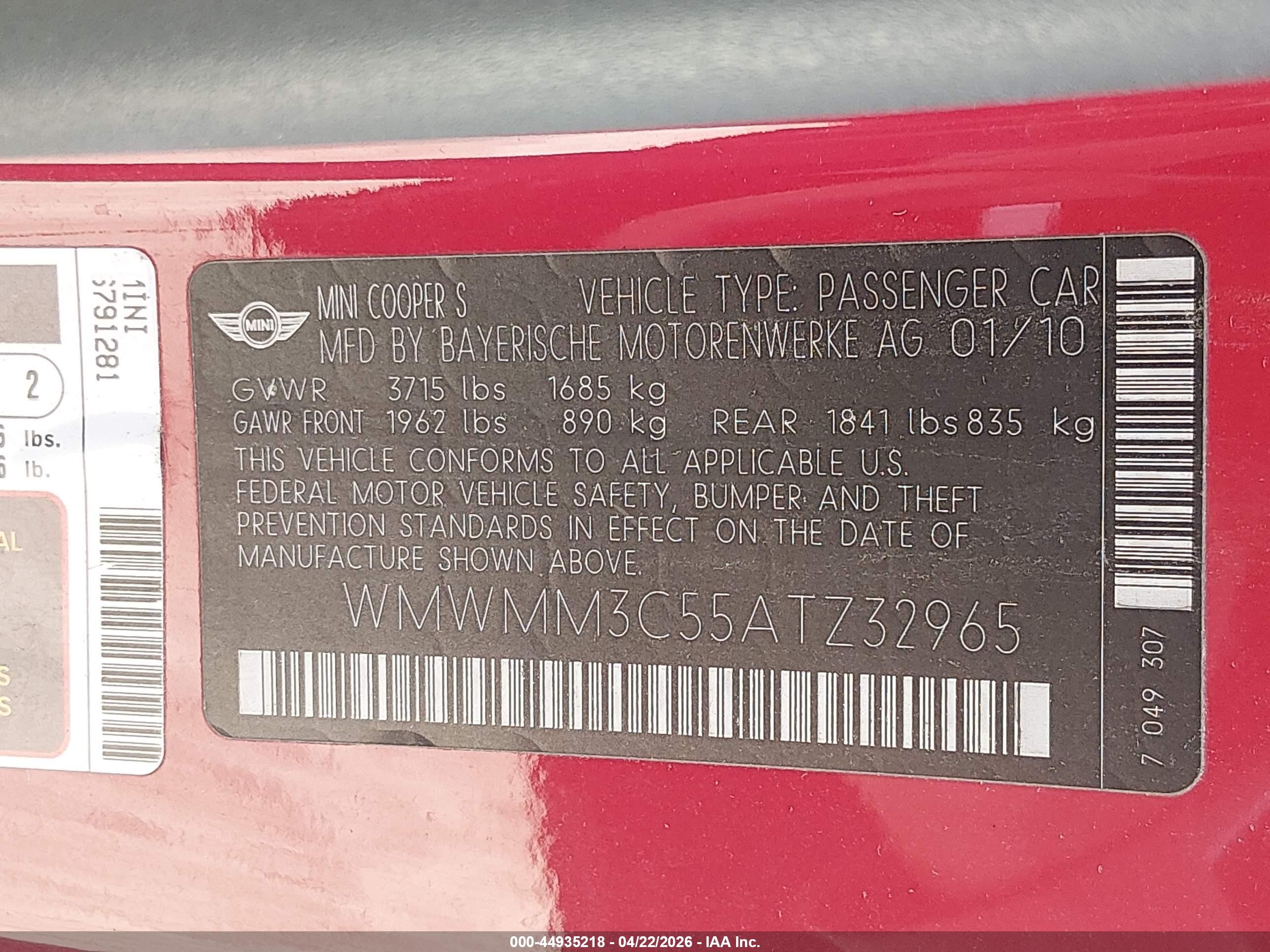 2010 Mini Cooper S Clubman   Red vin: WMWMM3C55ATZ32965