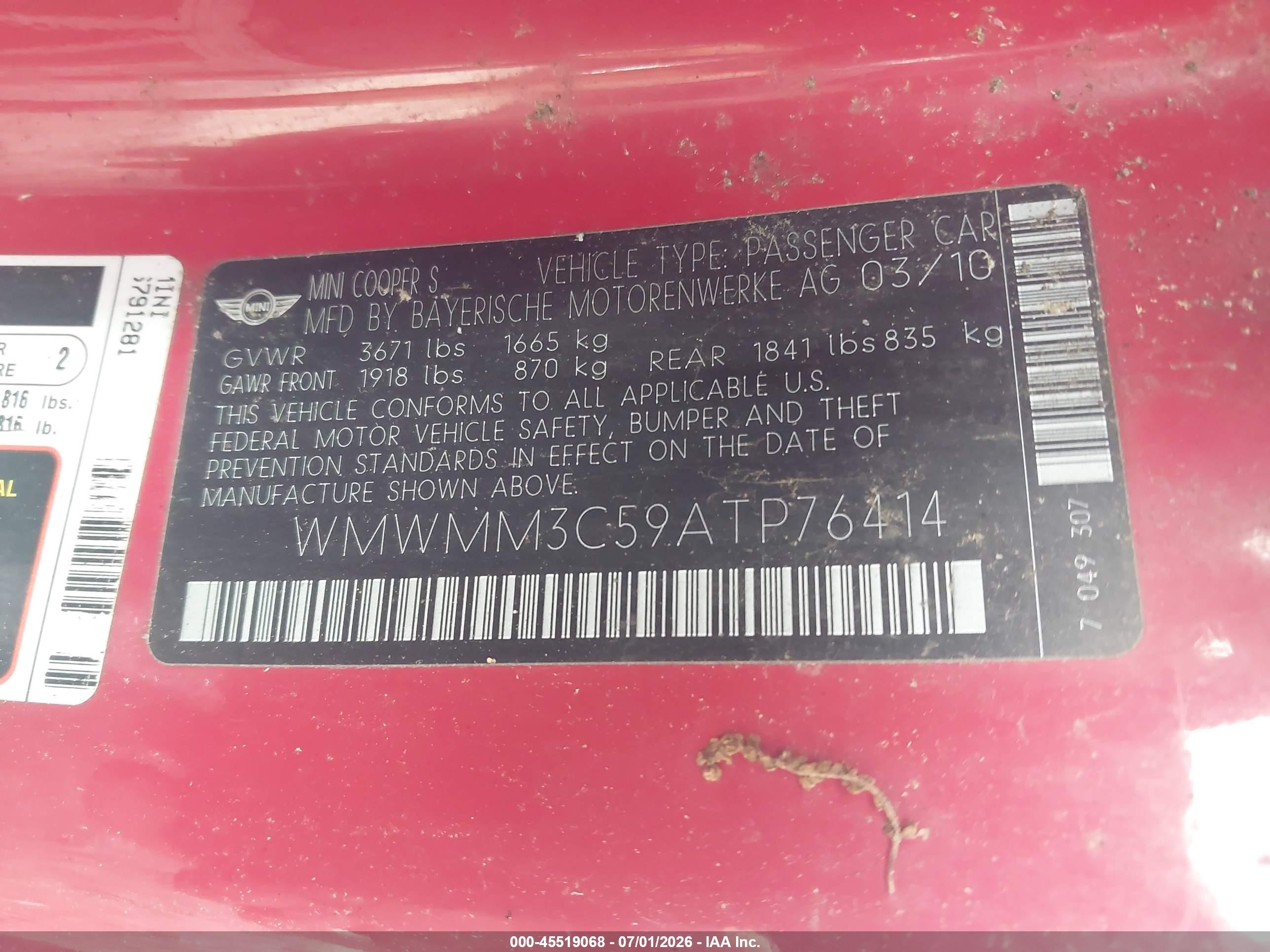 2010 Mini Cooper S Clubman   Red vin: WMWMM3C59ATP76414