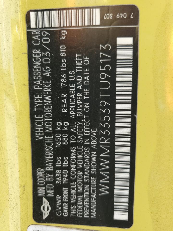 2009 Mini Cooper Yellow vin: WMWMR33539TU95173