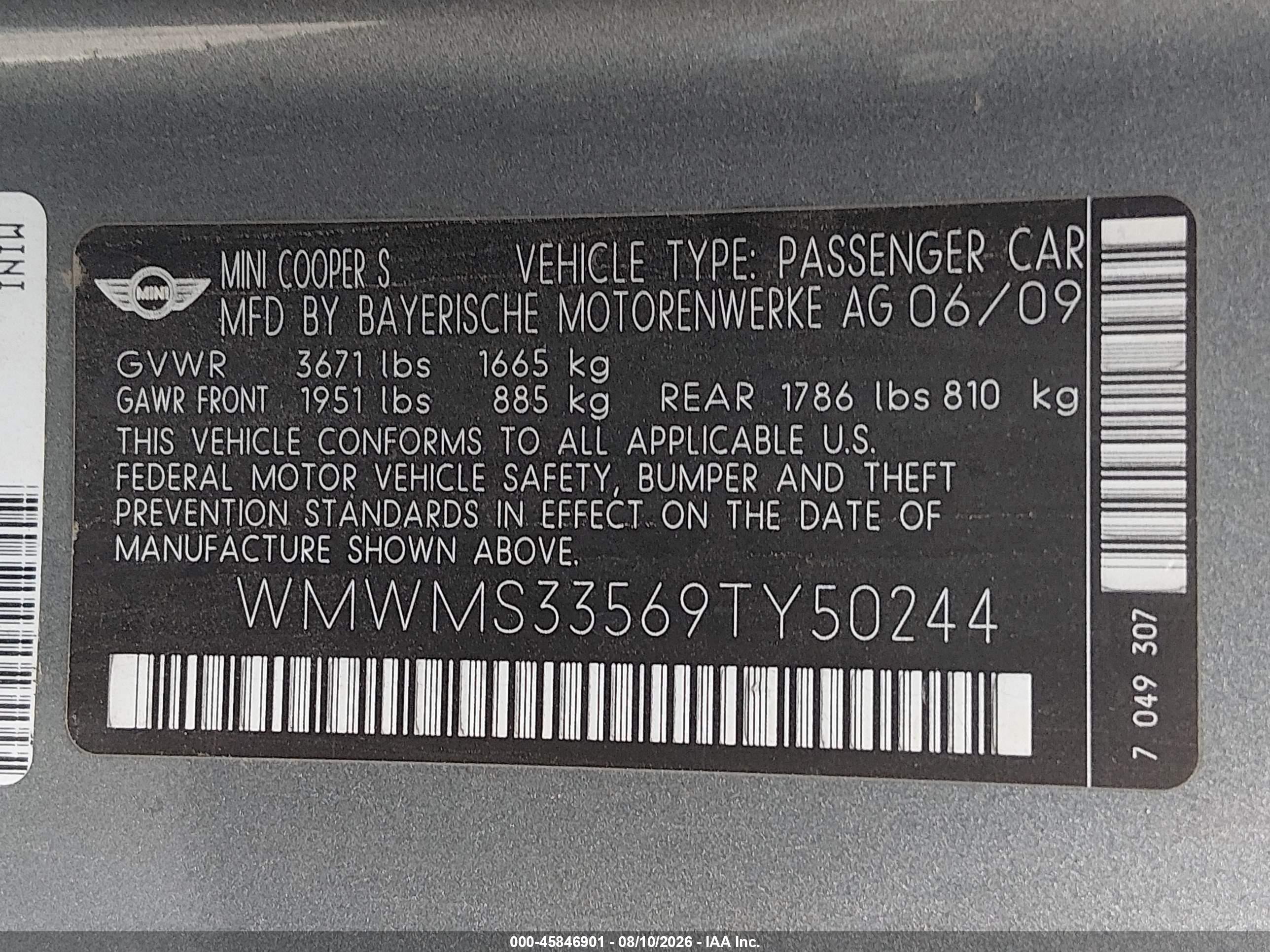 2009 Mini Cooper S   Gray vin: WMWMS33569TY50244