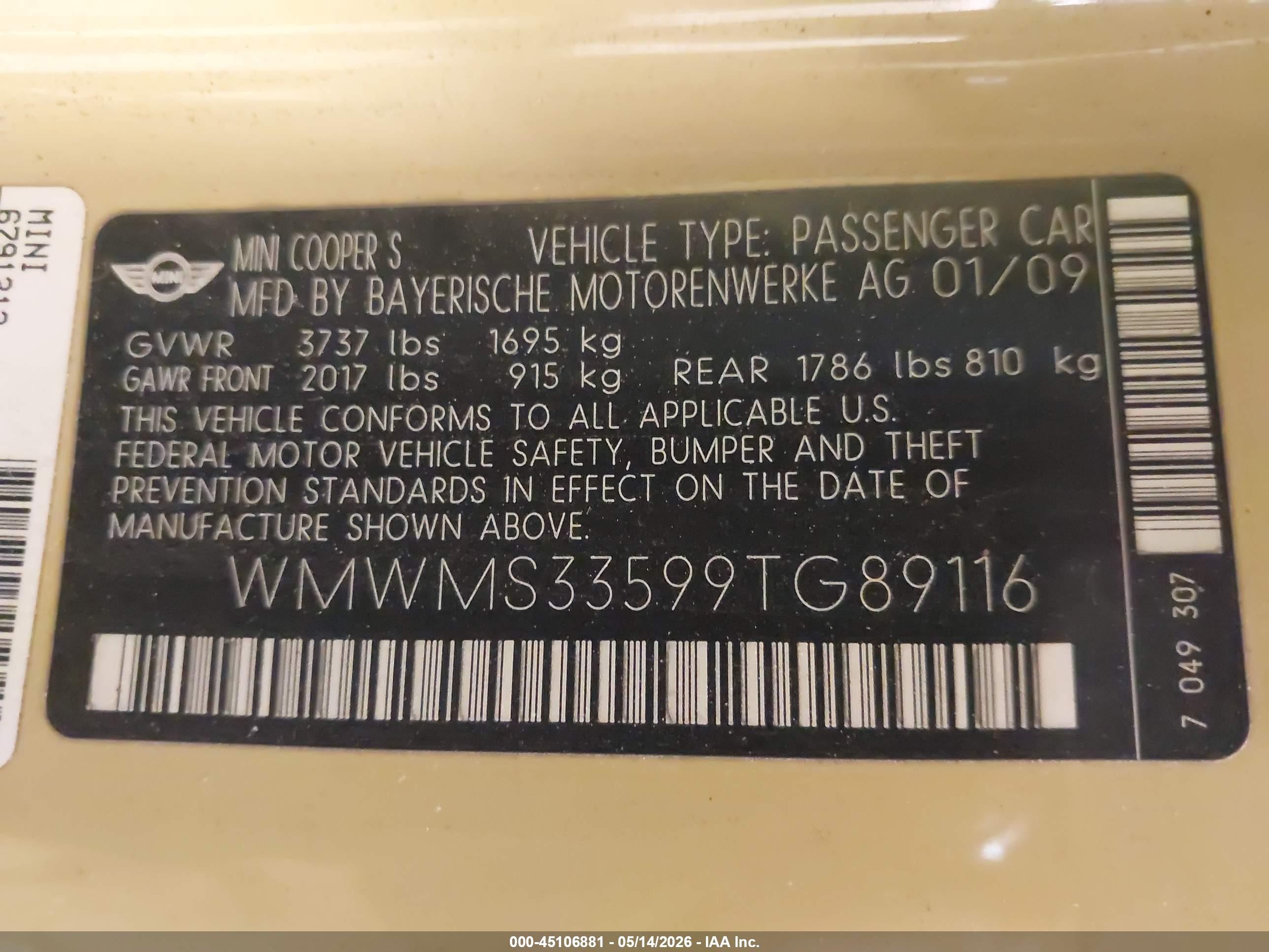 2009 Mini Cooper S   Green vin: WMWMS33599TG89116
