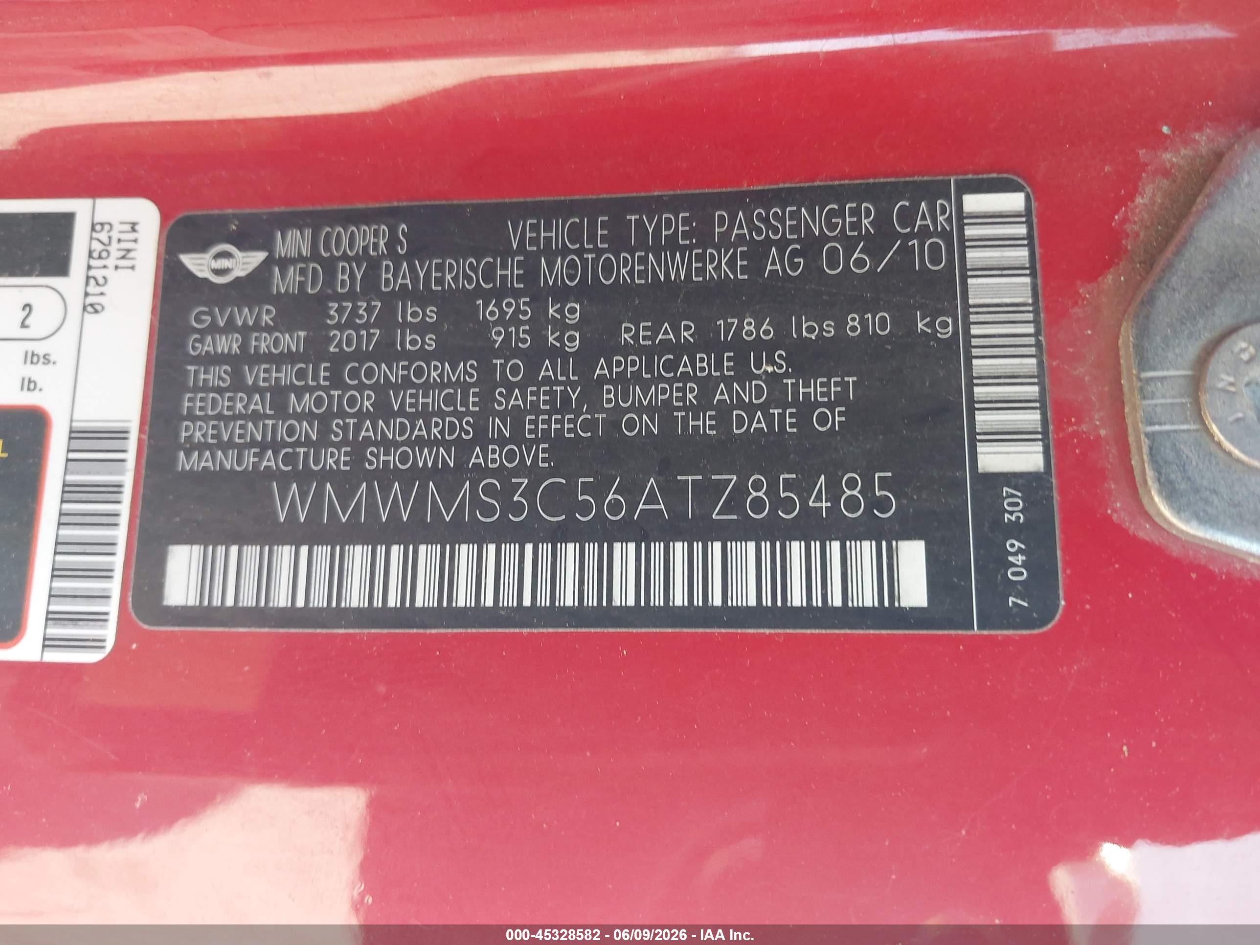 2010 Mini Cooper S   Red vin: WMWMS3C56ATZ85485