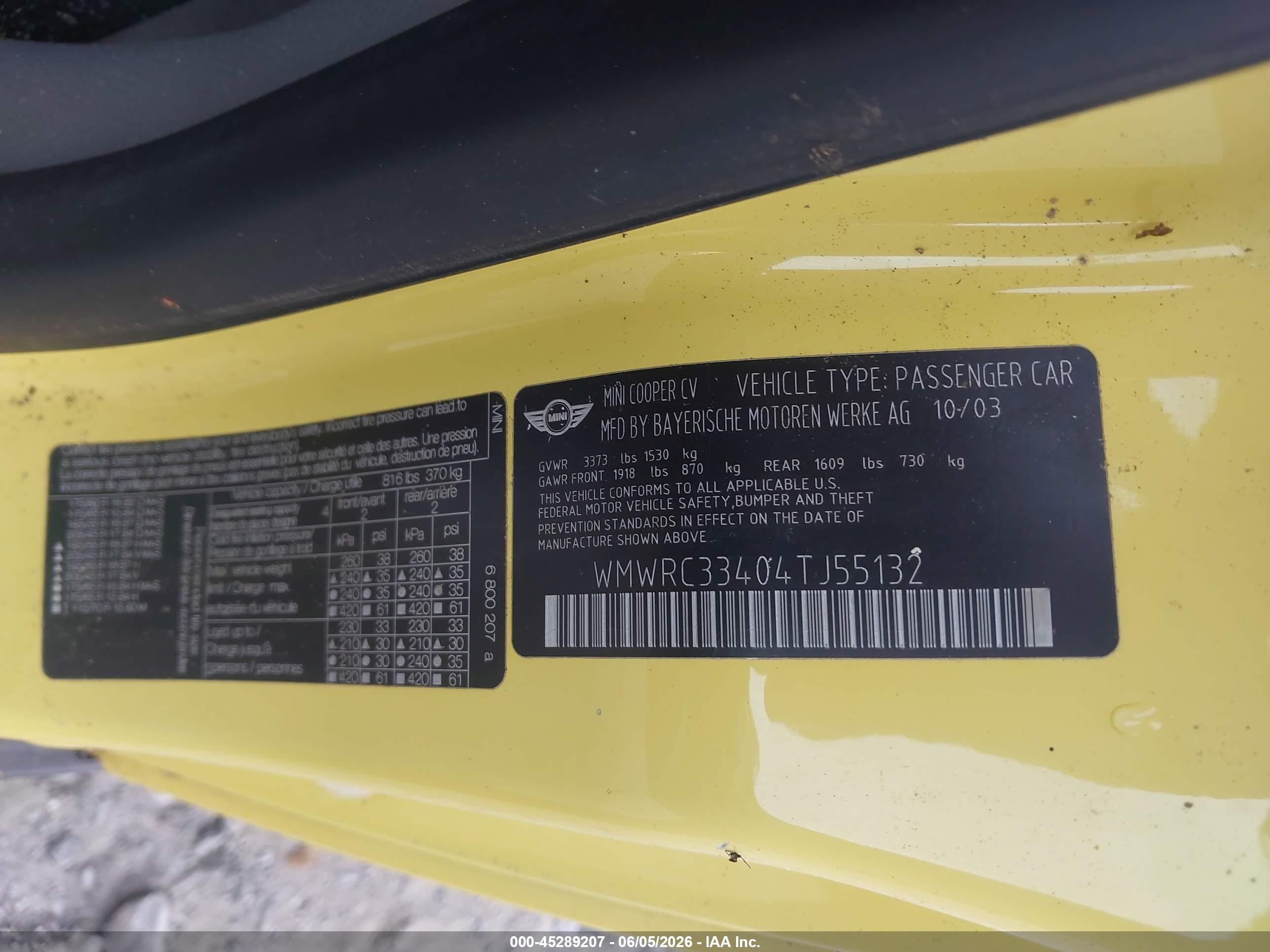 2004 Mini Cooper   Yellow vin: WMWRC33404TJ55132
