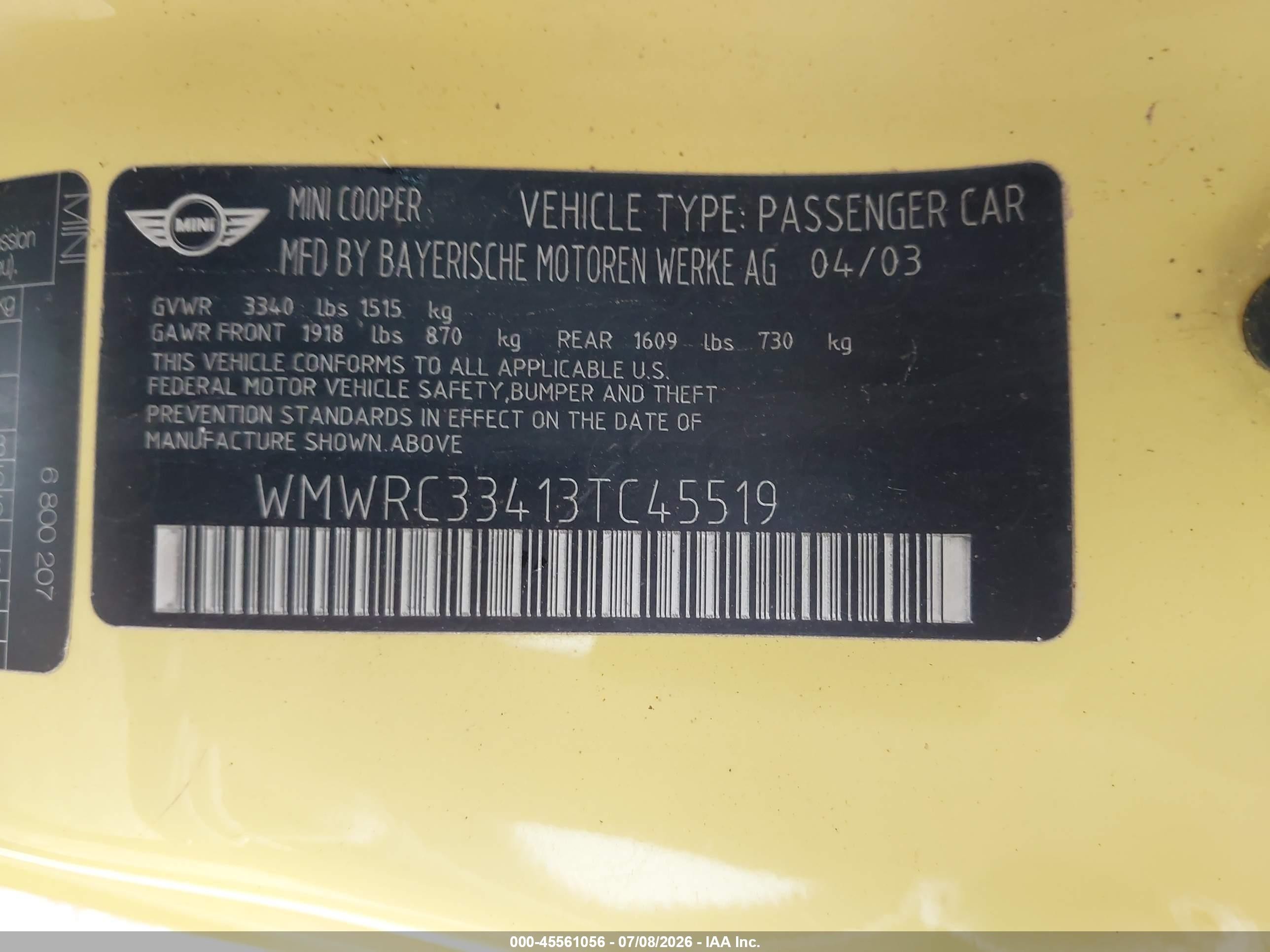 2003 Mini Cooper   Yellow vin: WMWRC33413TC45519