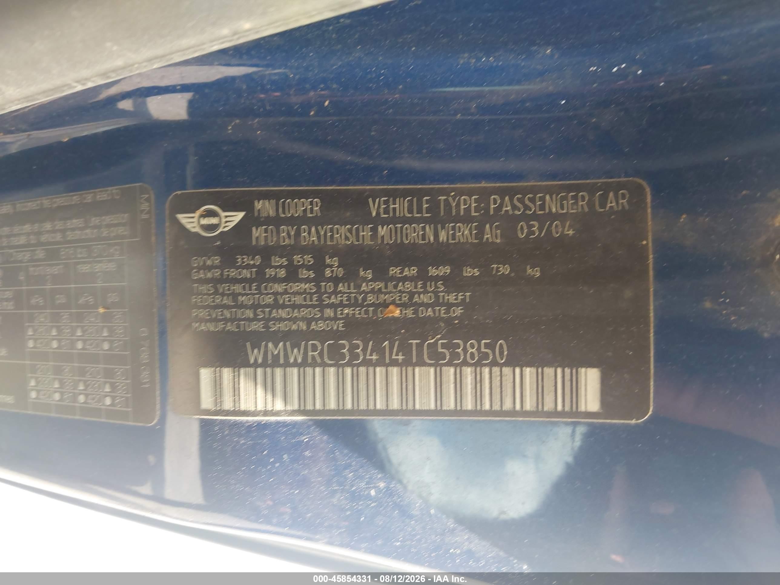 2004 Mini Cooper   Blue vin: WMWRC33414TC53850