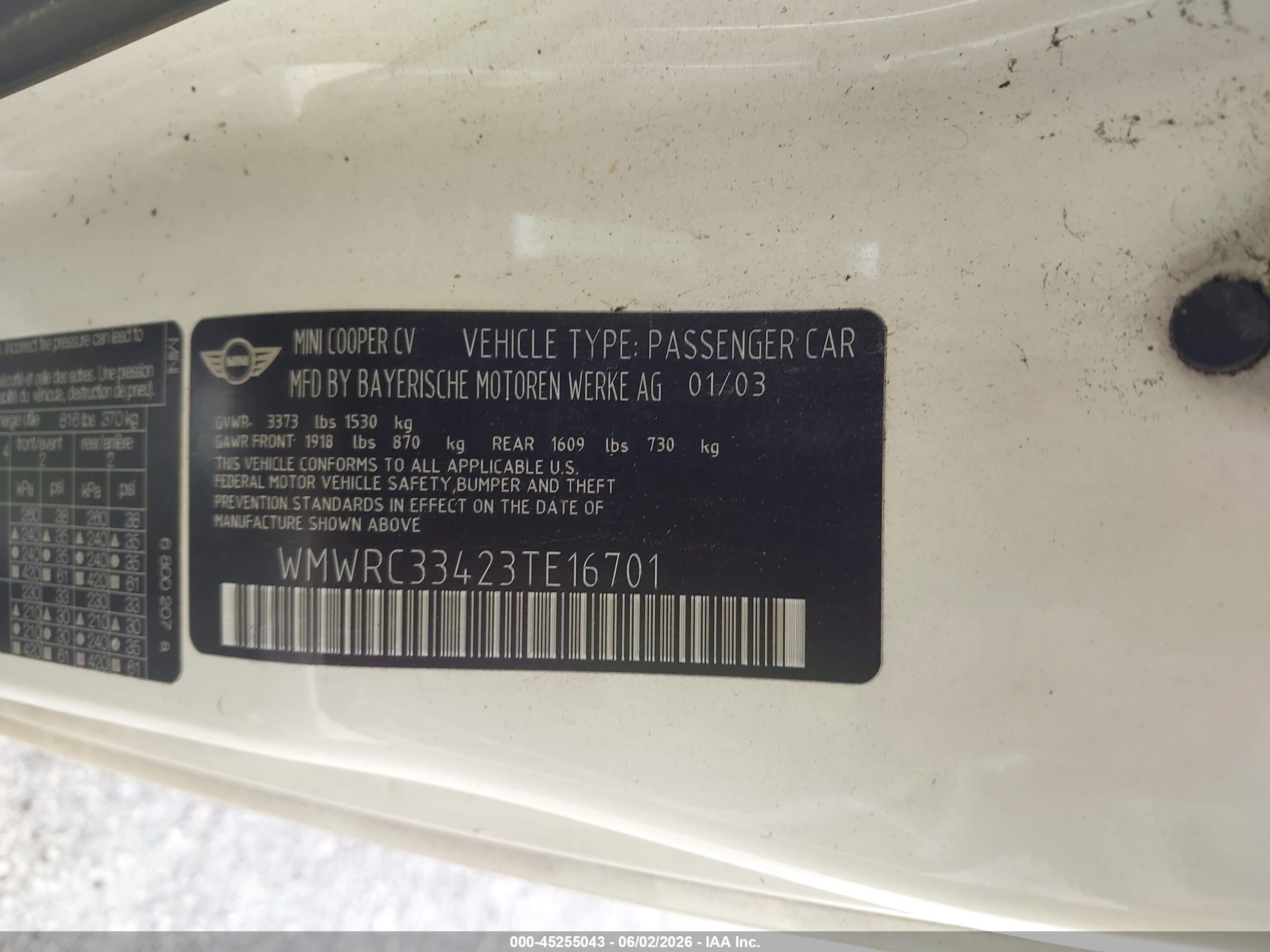 2003 Mini Cooper   Cream vin: WMWRC33423TE16701
