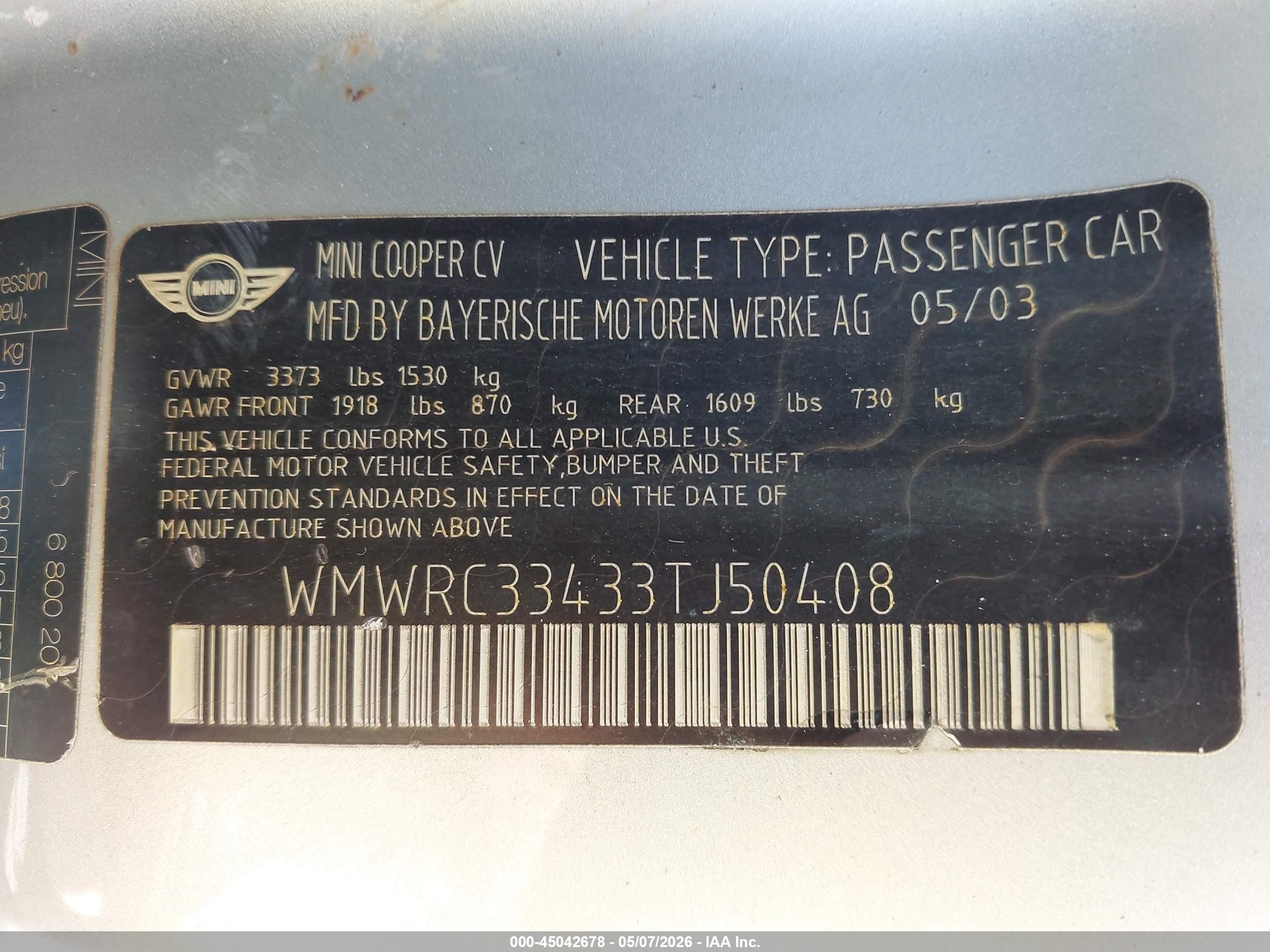 2003 Mini Cooper   Серебряный vin: WMWRC33433TJ50408