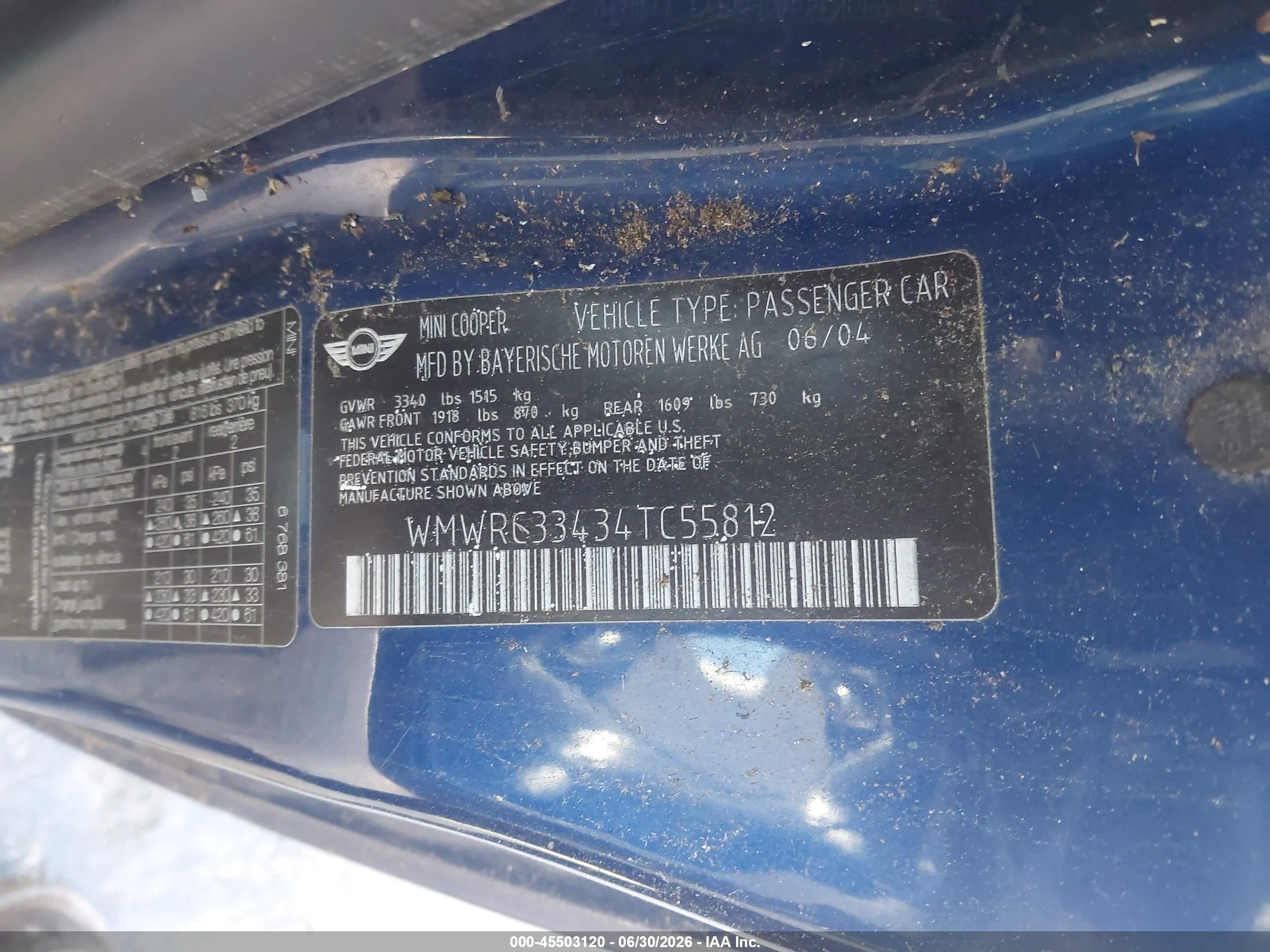 2004 Mini Cooper   Blue vin: WMWRC33434TC55812