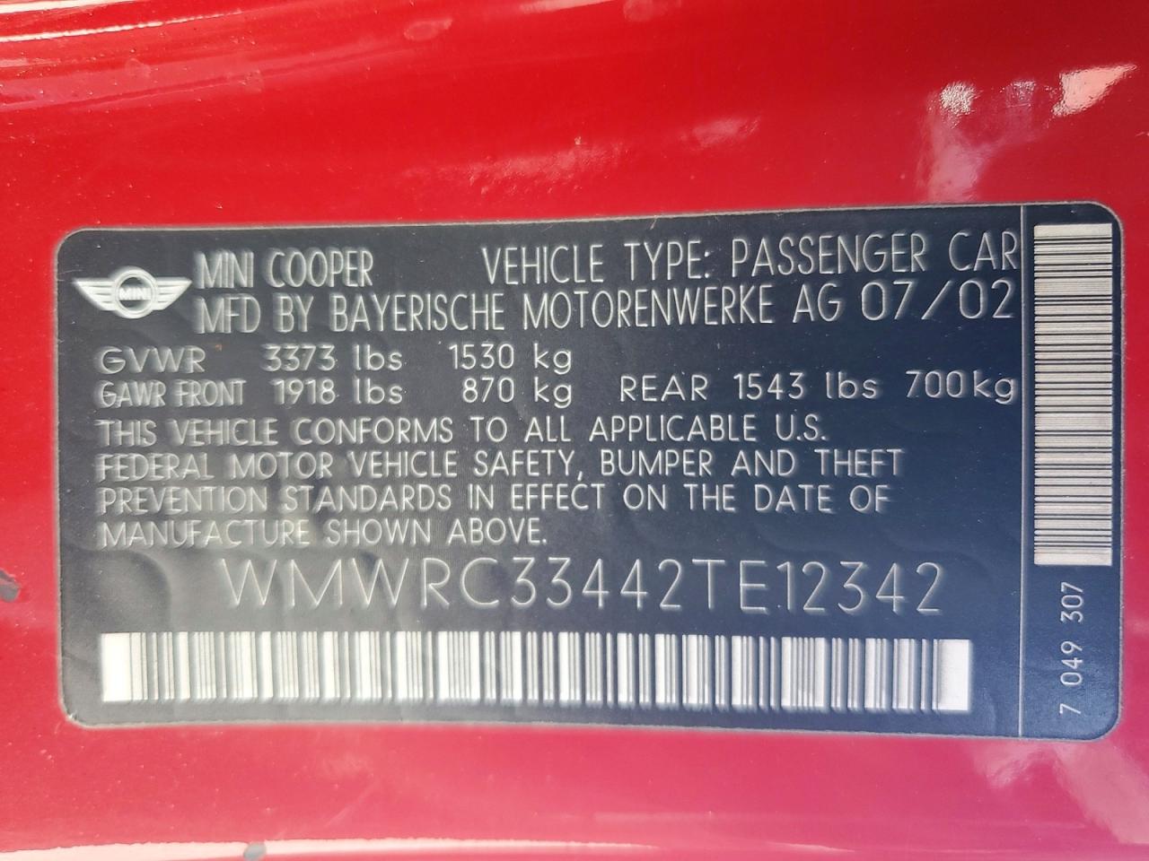 2002 Mini Cooper Red vin: WMWRC33442TE12342