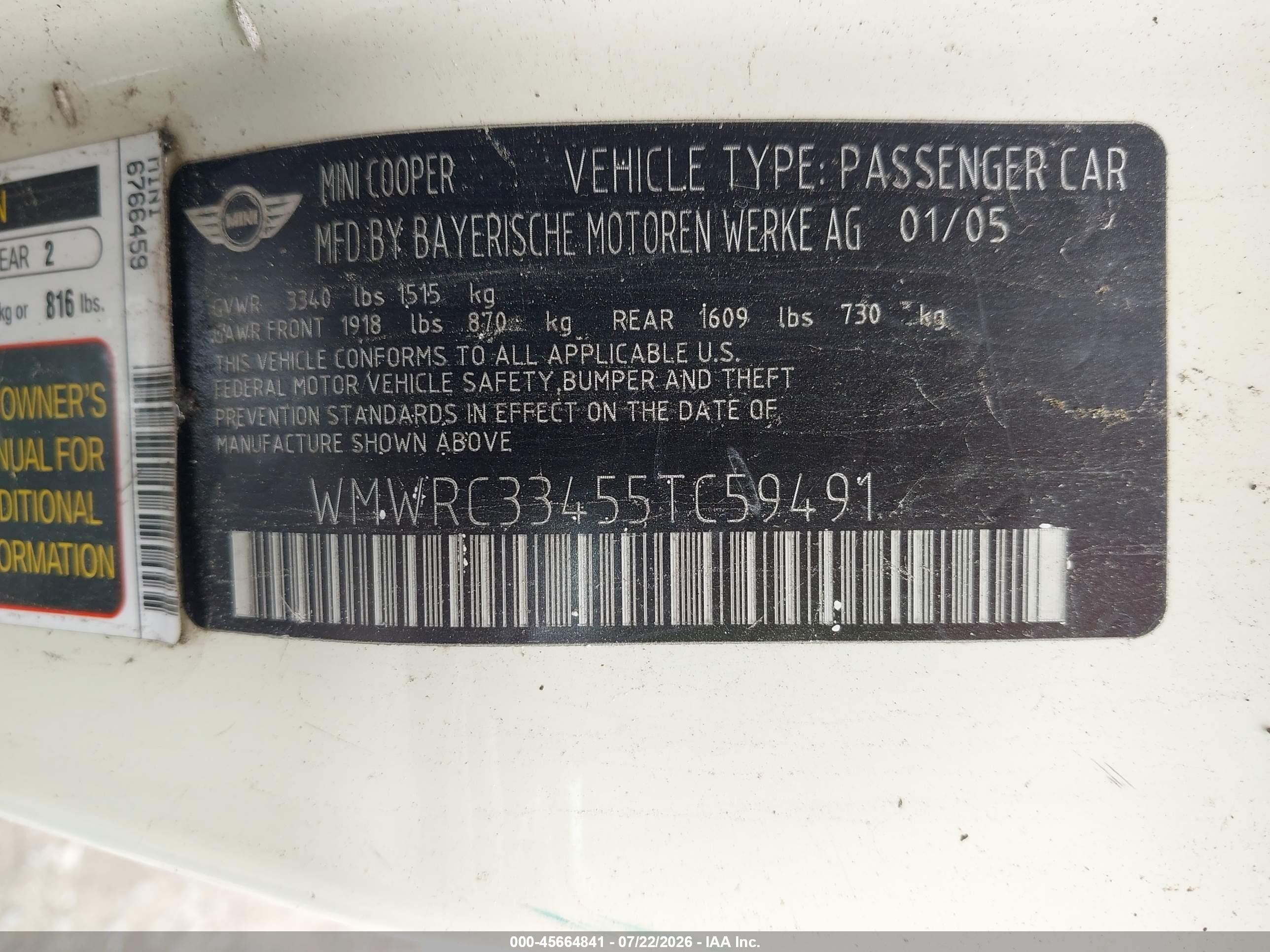 2005 Mini Cooper   Cream vin: WMWRC33455TC59491