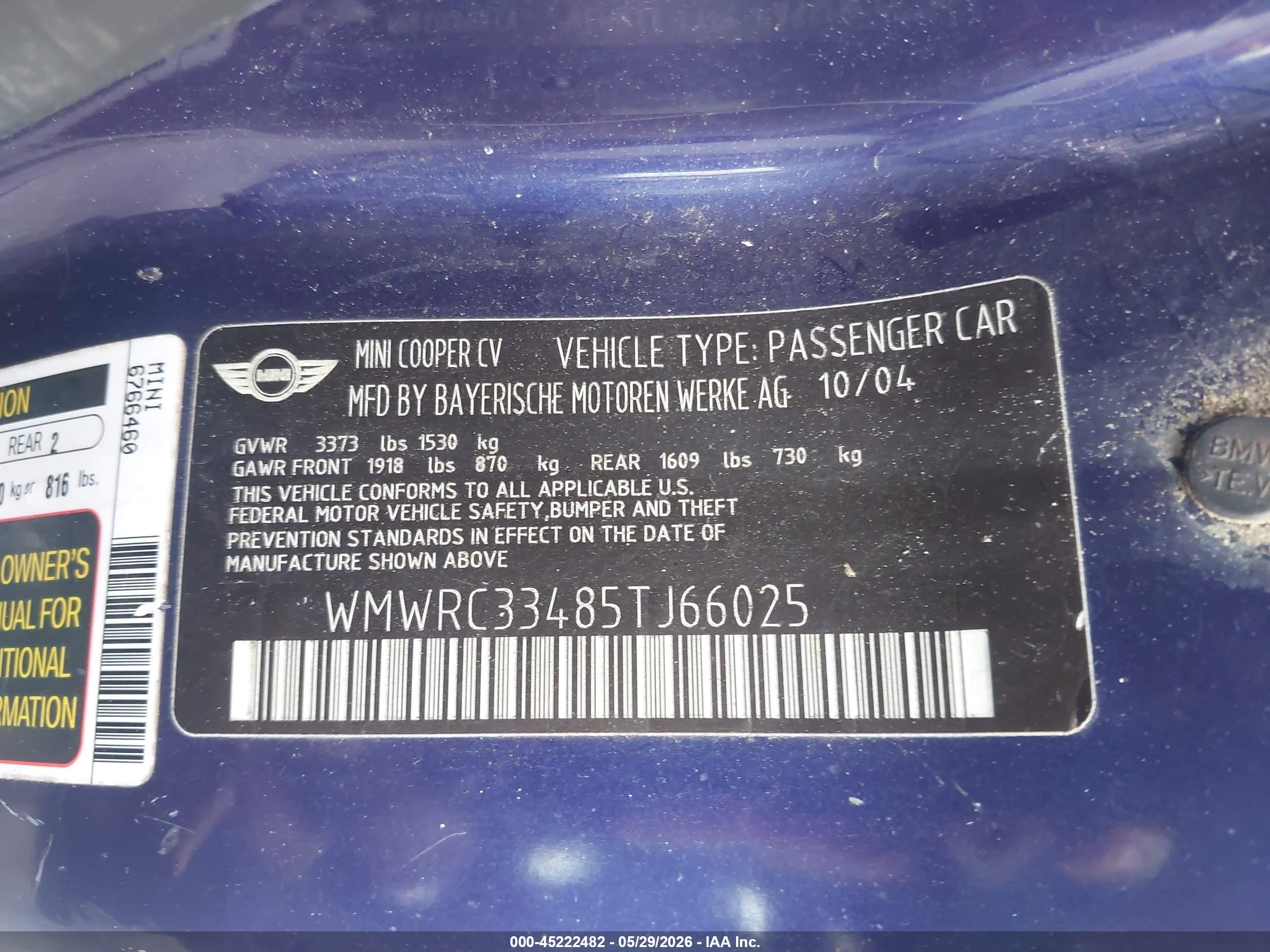 2005 Mini Cooper   Blue vin: WMWRC33485TJ66025