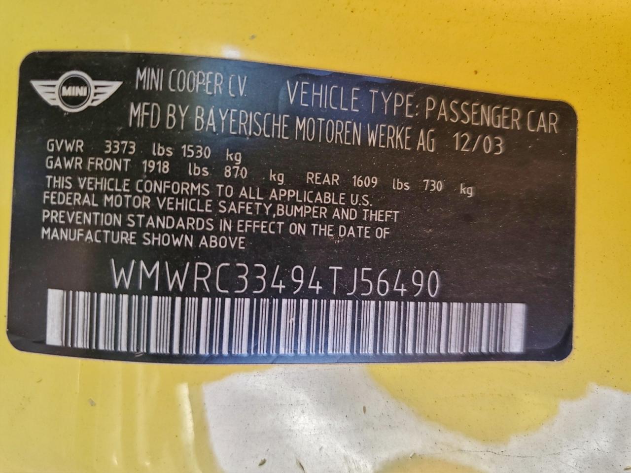 2004 Mini Cooper Yellow vin: WMWRC33494TJ56490