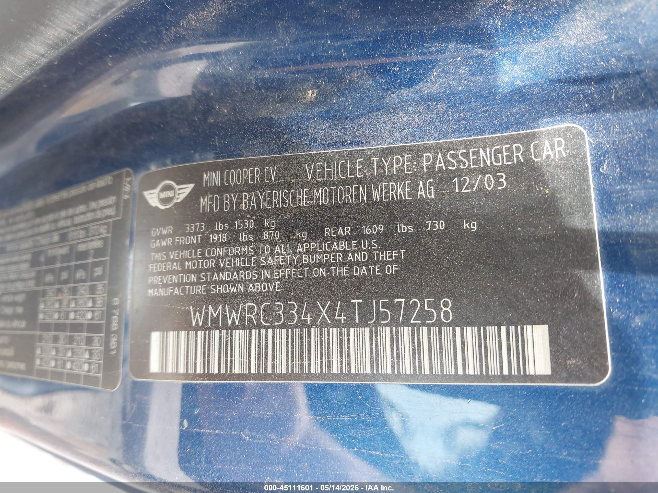 2004 Mini Cooper Blue vin: WMWRC334X4TJ57258