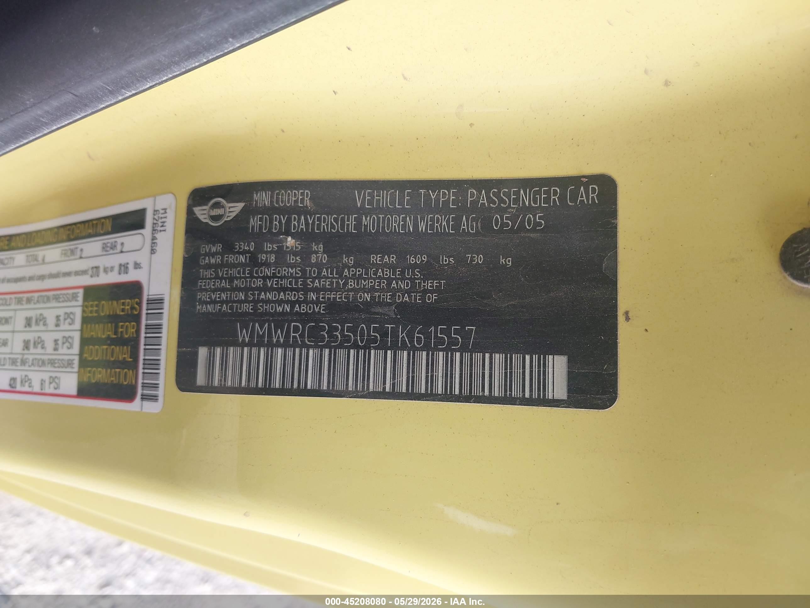 2005 Mini Cooper   Yellow vin: WMWRC33505TK61557