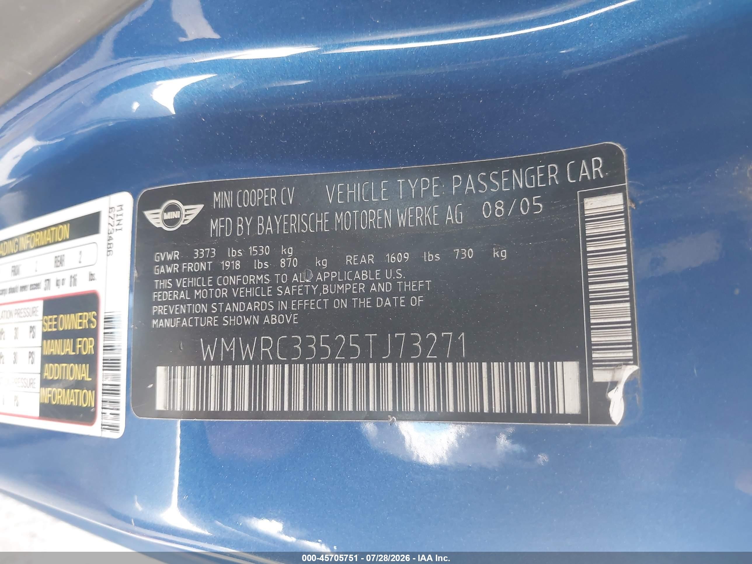2005 Mini Cooper   Blue vin: WMWRC33525TJ73271