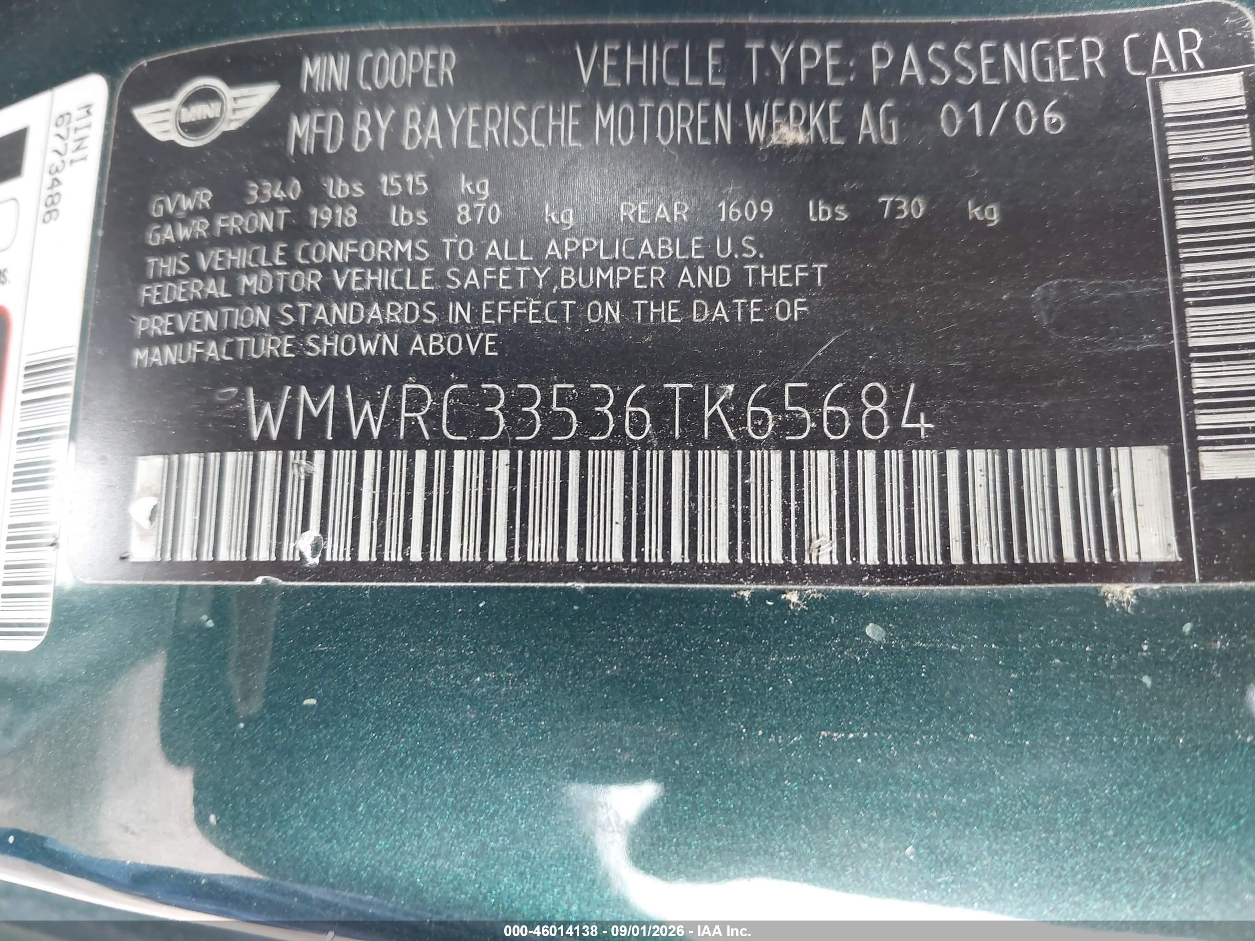 2006 Mini Cooper   Green vin: WMWRC33536TK65684