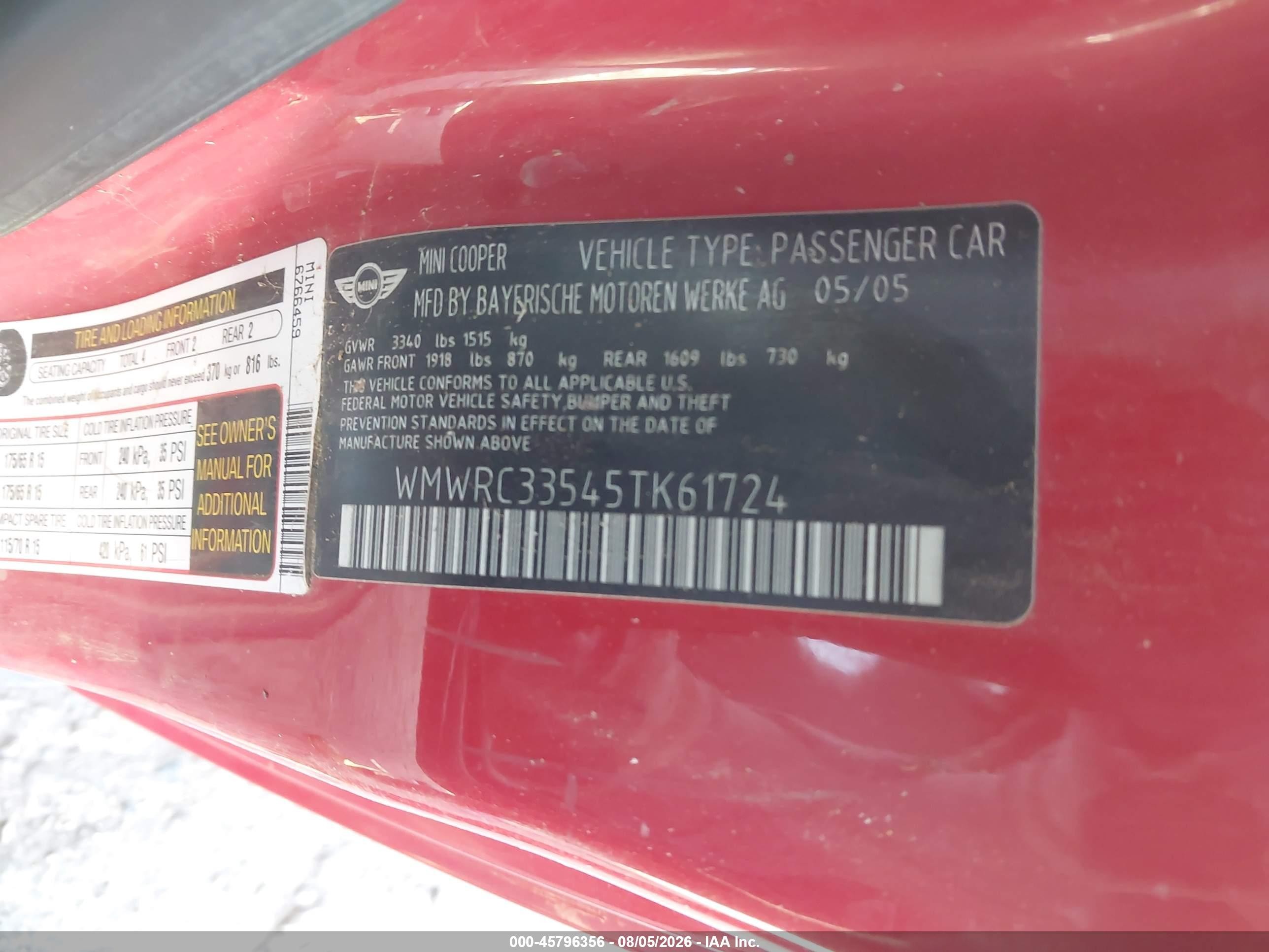 2005 Mini Cooper   Red vin: WMWRC33545TK61724