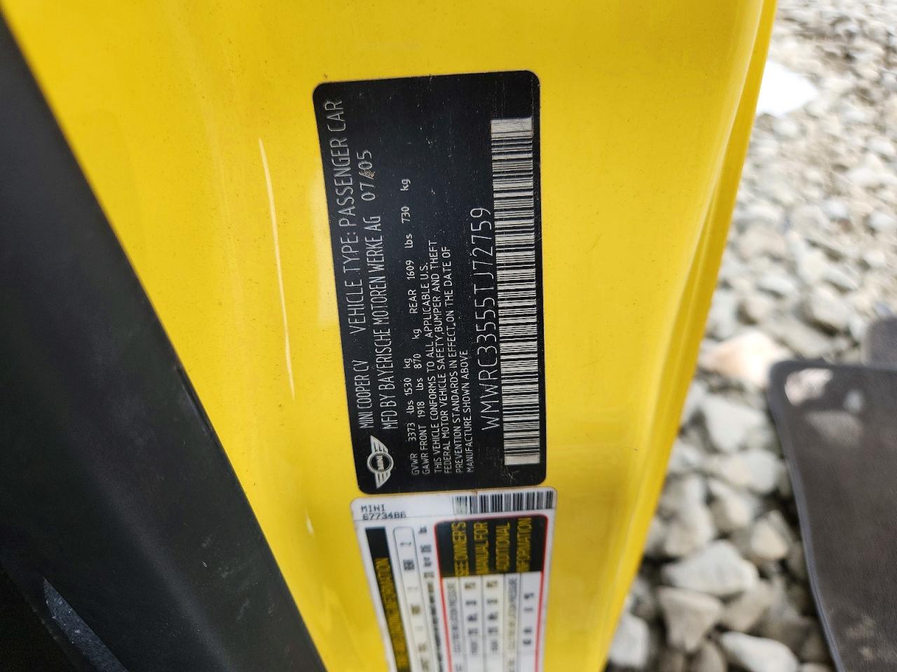 2005 Mini Cooper Yellow vin: WMWRC33555TJ72759
