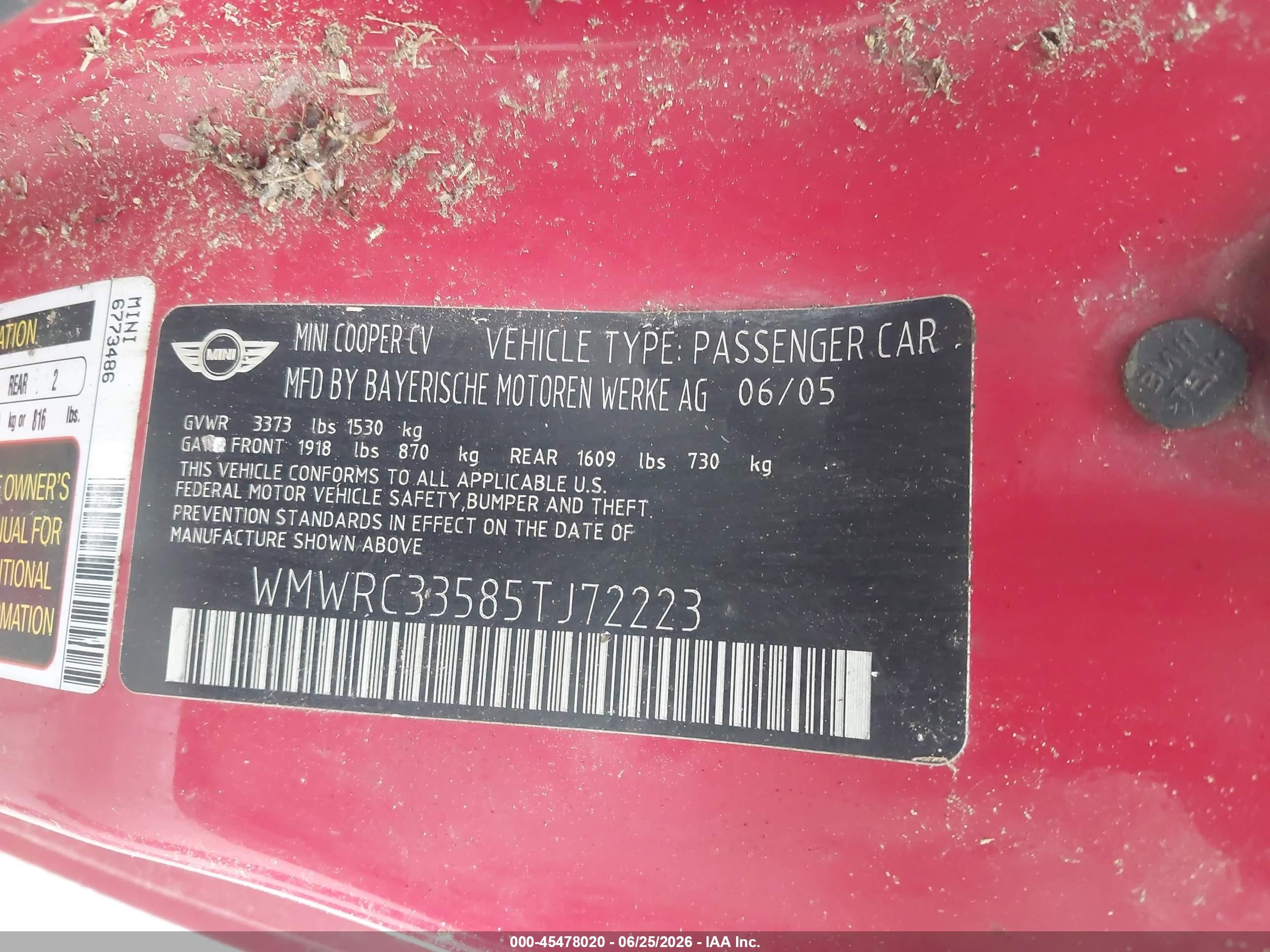 2005 Mini Cooper   Red vin: WMWRC33585TJ72223