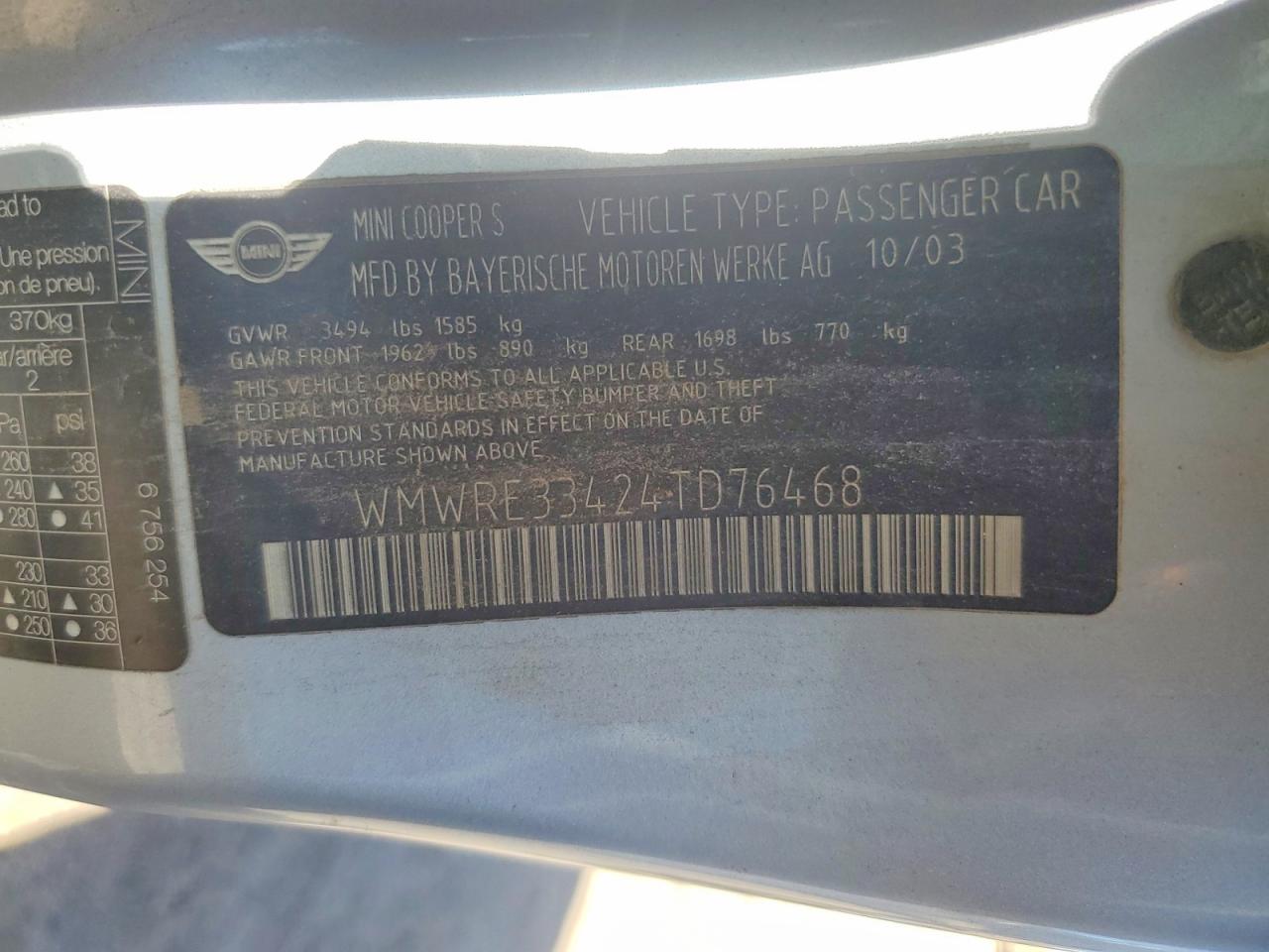 2004 Mini Cooper S Gray vin: WMWRE33424TD76468