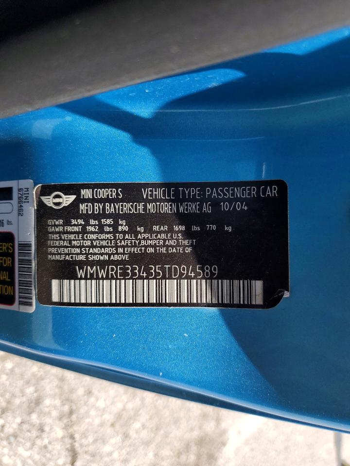 2005 Mini Cooper S Blue vin: WMWRE33435TD94589