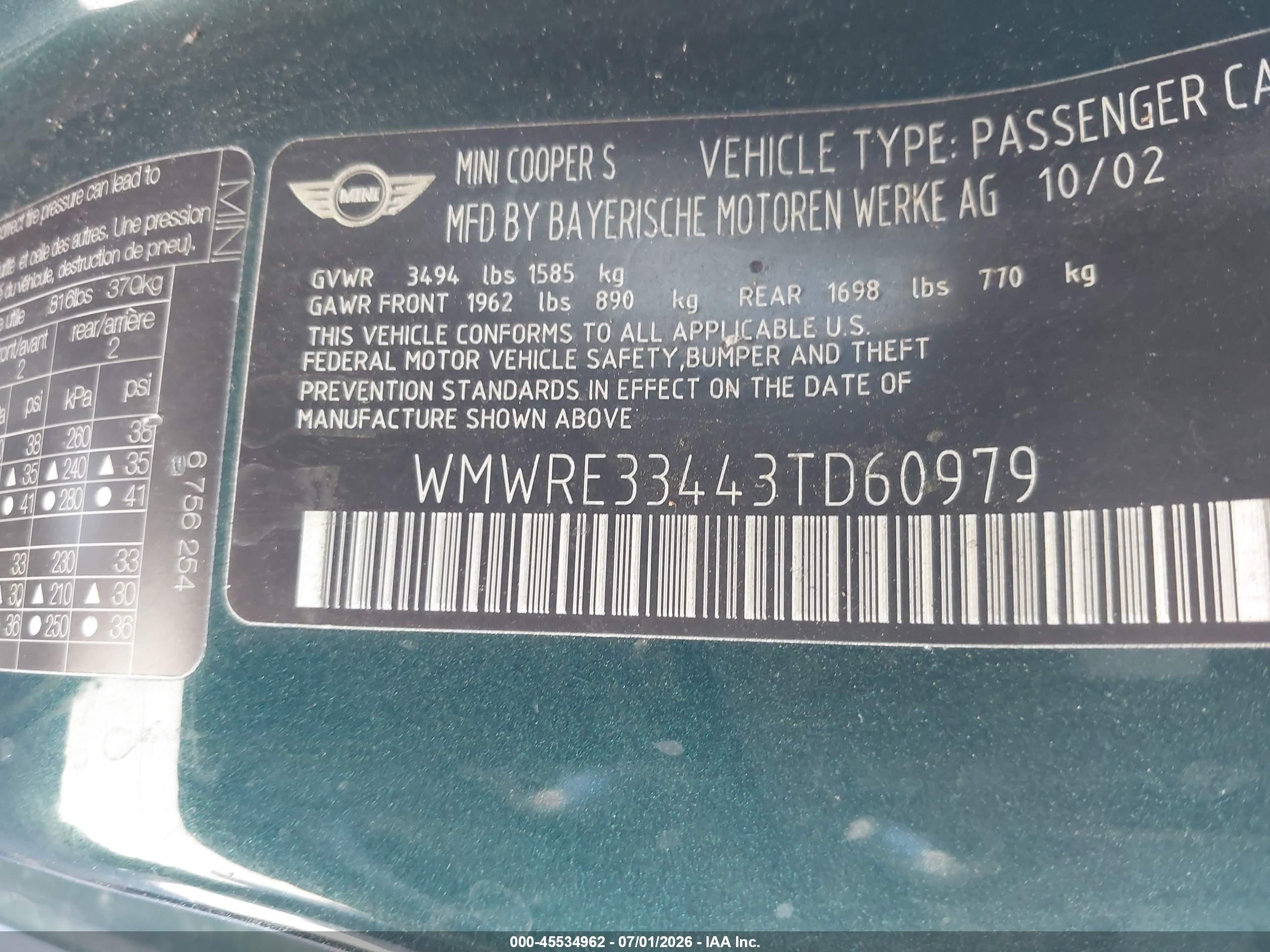 2003 Mini Cooper S   Green vin: WMWRE33443TD60979