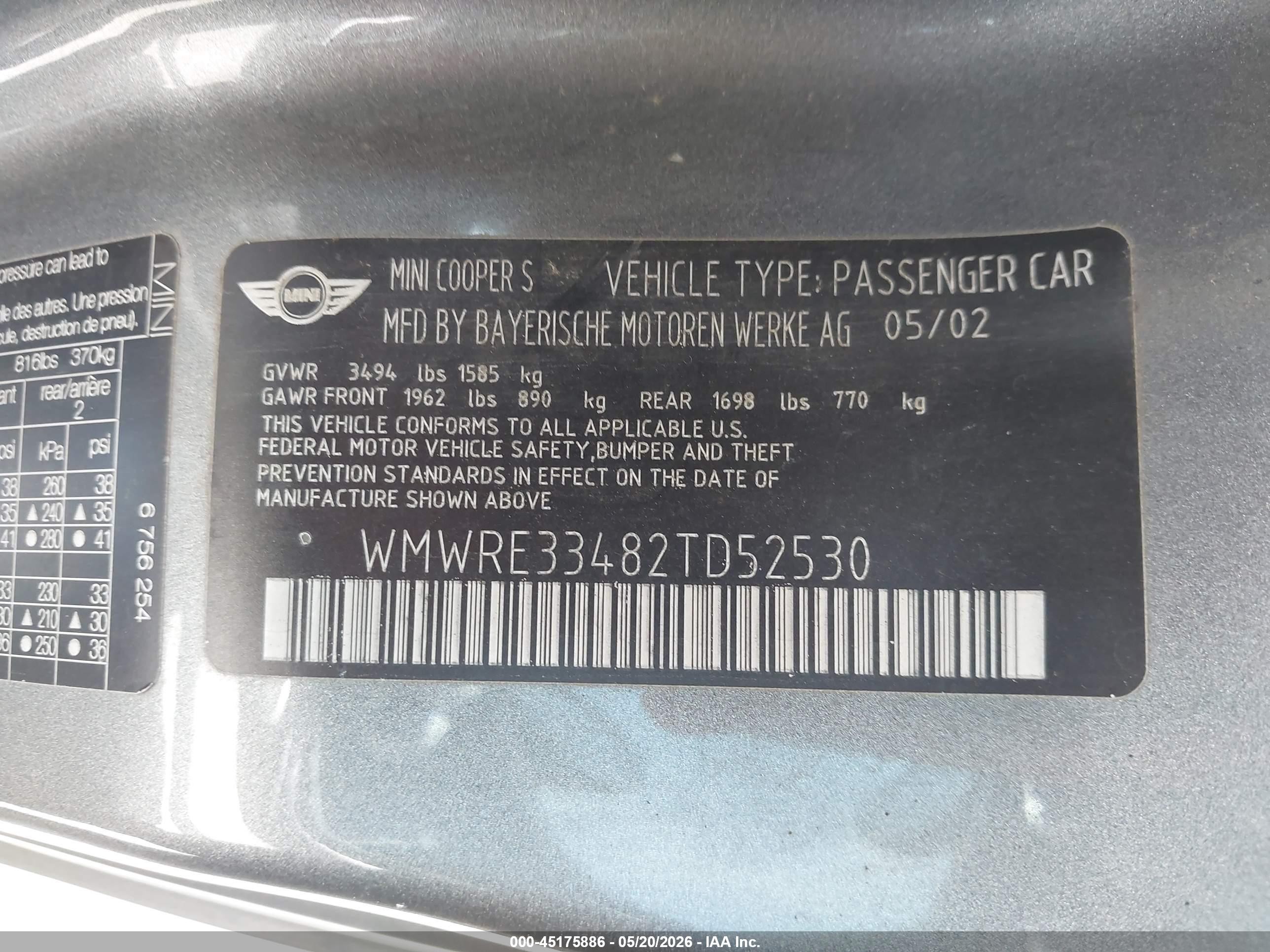2002 Mini Cooper S   Серый vin: WMWRE33482TD52530