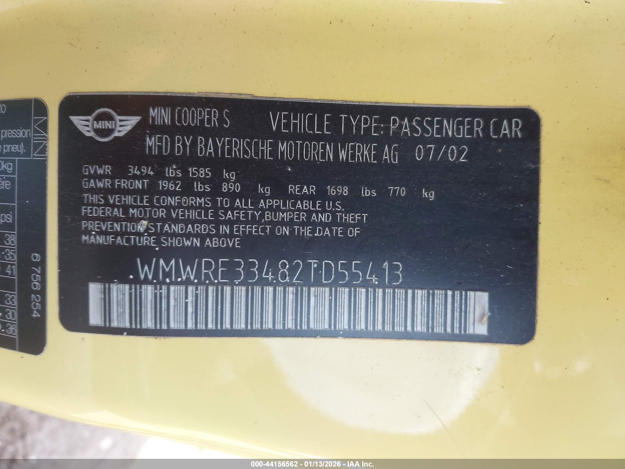 2002 Mini Cooper S   Yellow vin: WMWRE33482TD55413