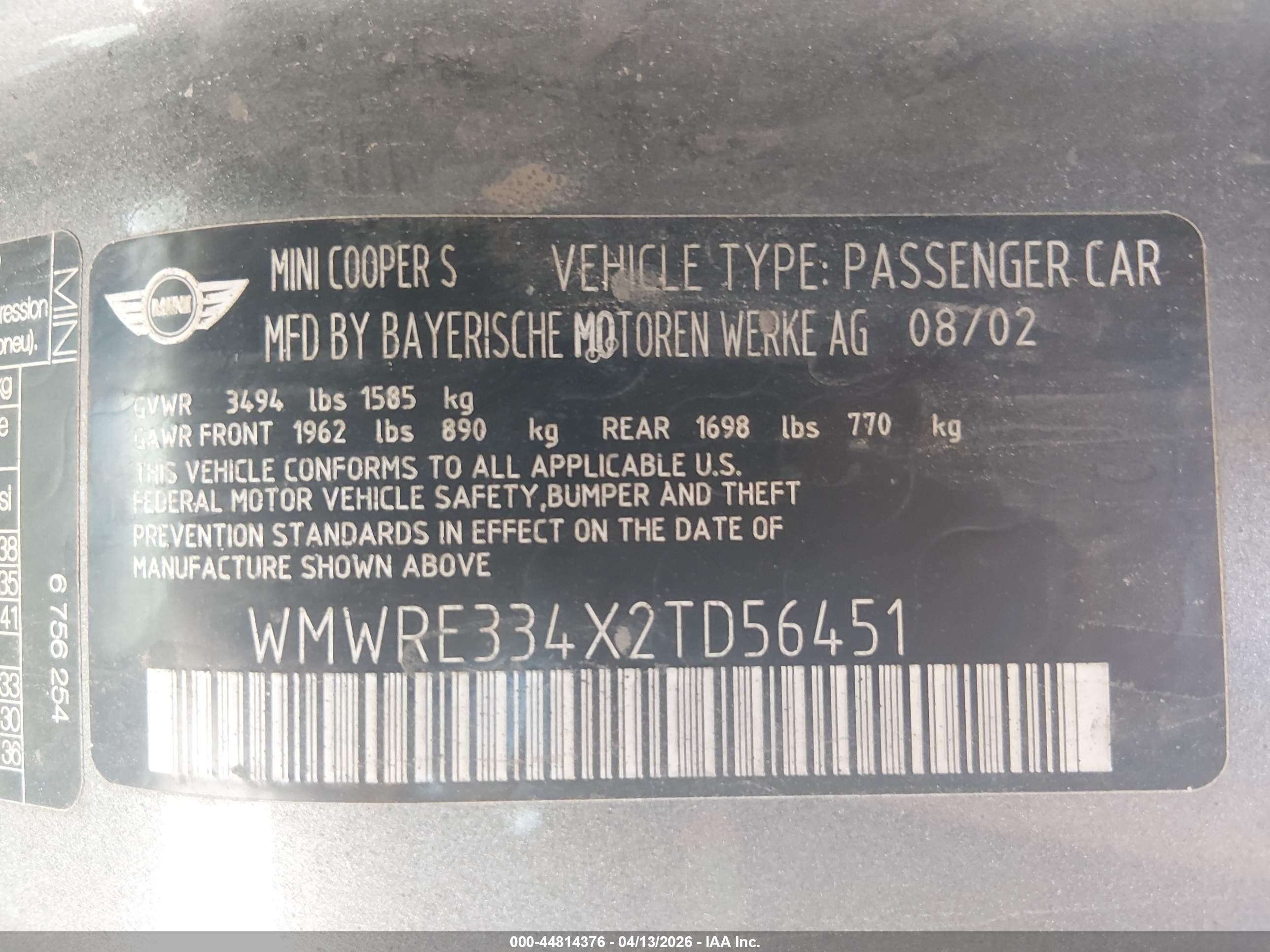 2002 Mini Cooper S   Gray vin: WMWRE334X2TD56451