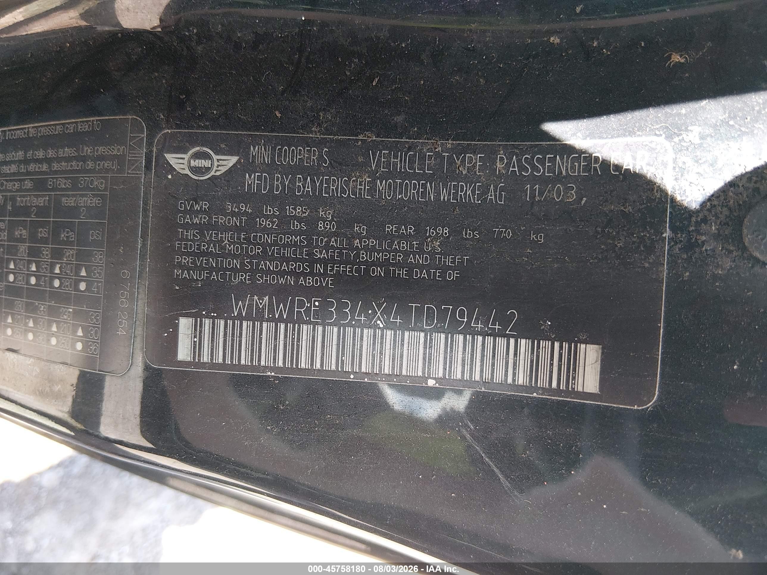 2004 Mini Cooper S   Black vin: WMWRE334X4TD79442