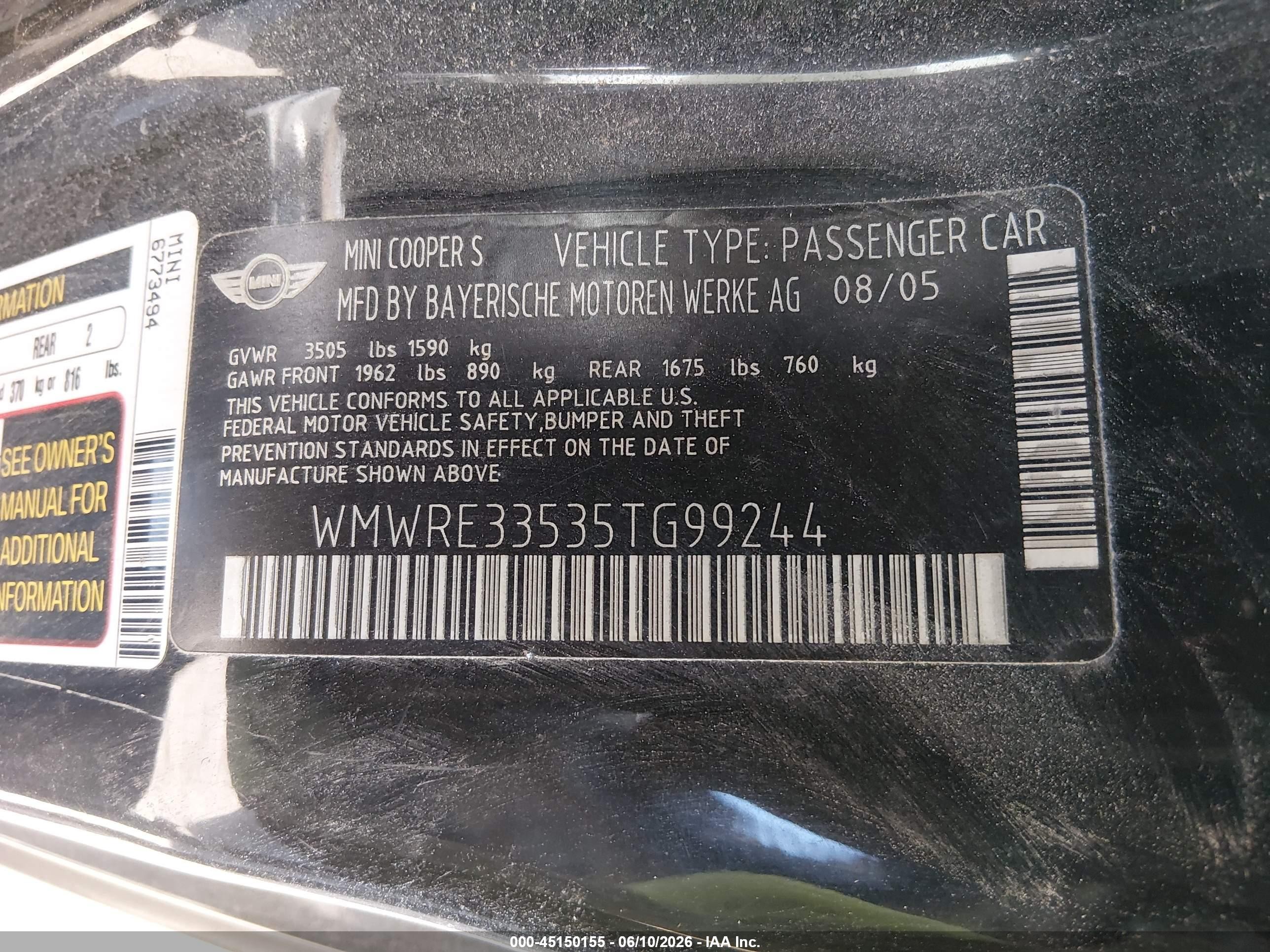 2005 Mini Cooper S   Black vin: WMWRE33535TG99244