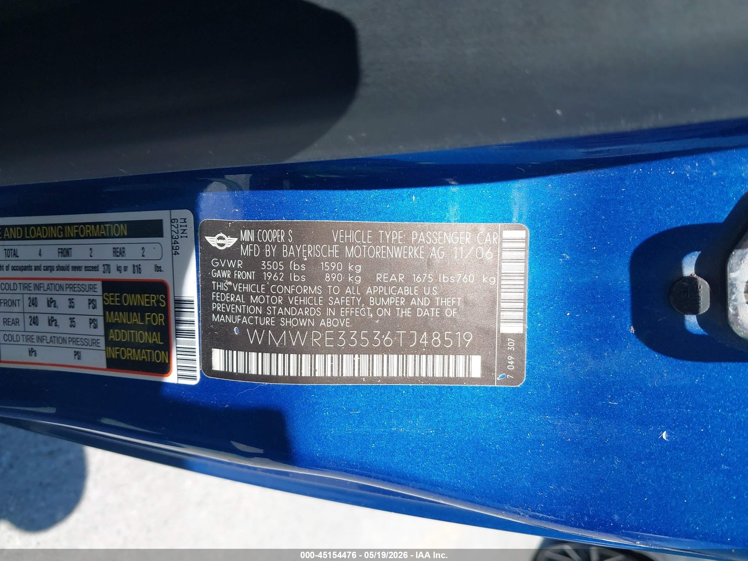 2006 Mini Cooper S   Черный vin: WMWRE33536TJ48519