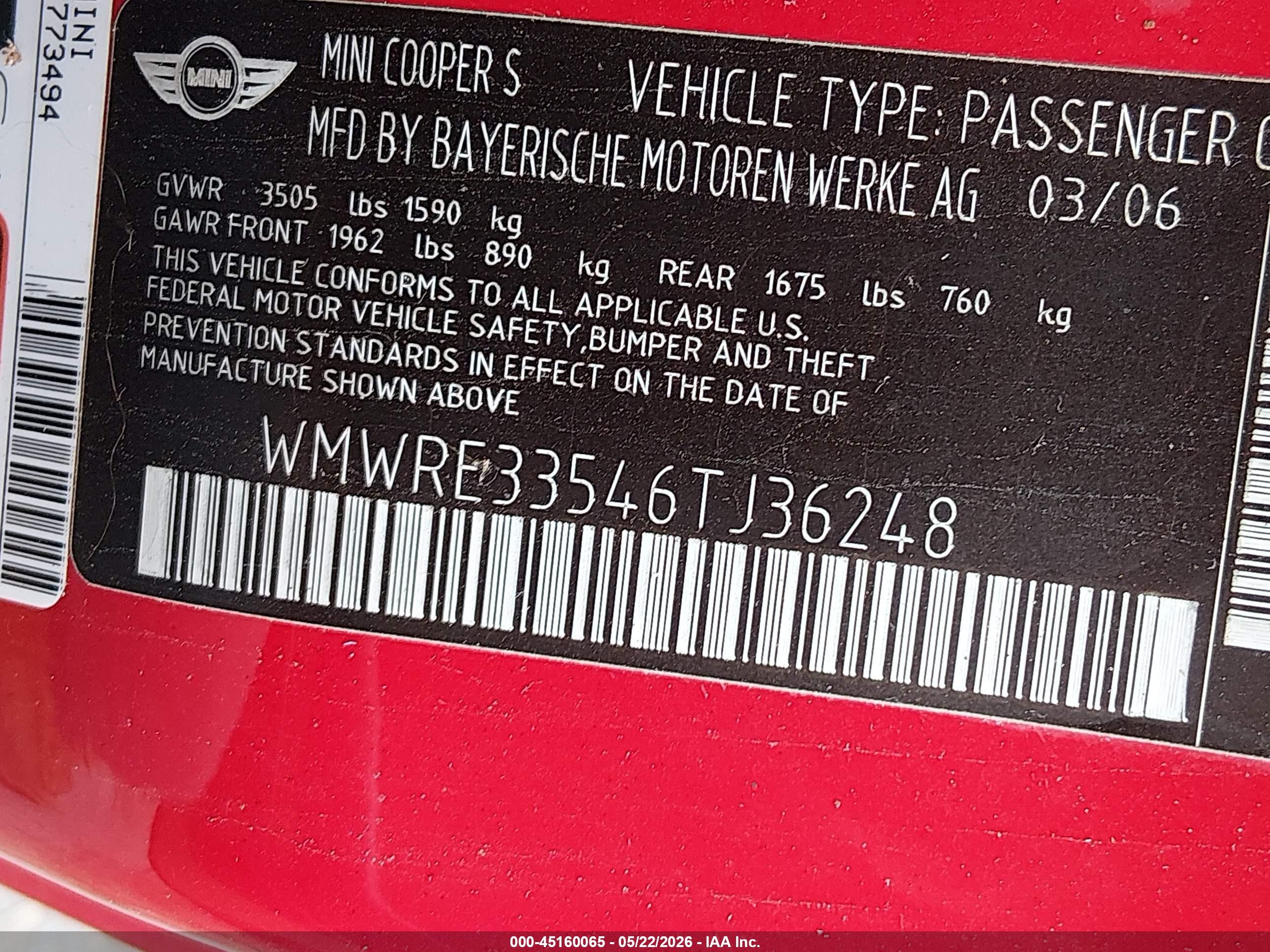 2006 Mini Cooper S Красный vin: WMWRE33546TJ36248