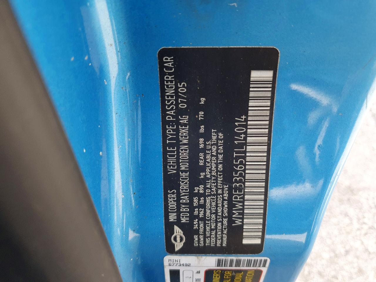 2005 Mini Cooper S Blue vin: WMWRE33565TL14014