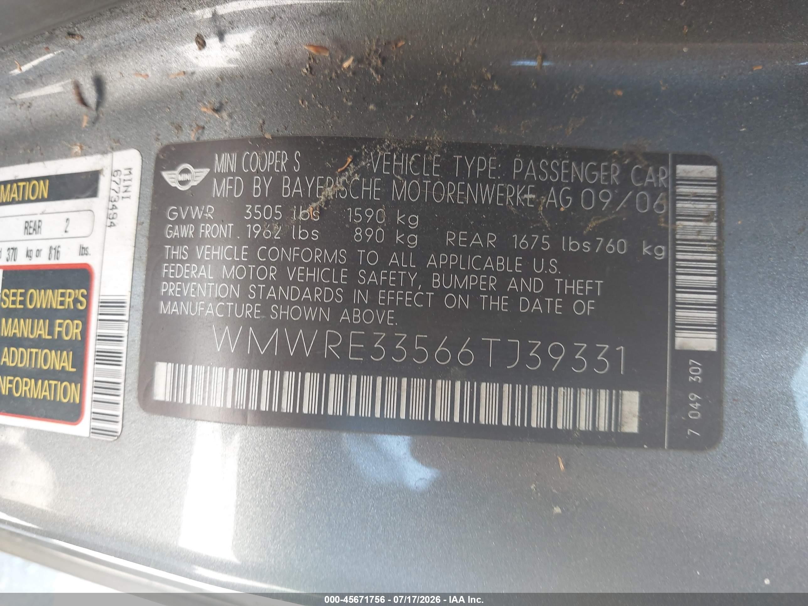 2006 Mini Cooper S   Gray vin: WMWRE33566TJ39331