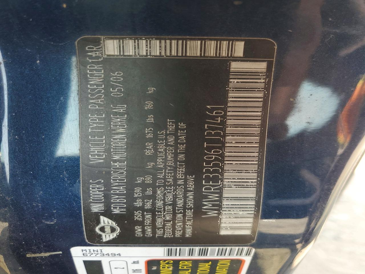 2006 Mini Cooper S Blue vin: WMWRE33596TJ37461