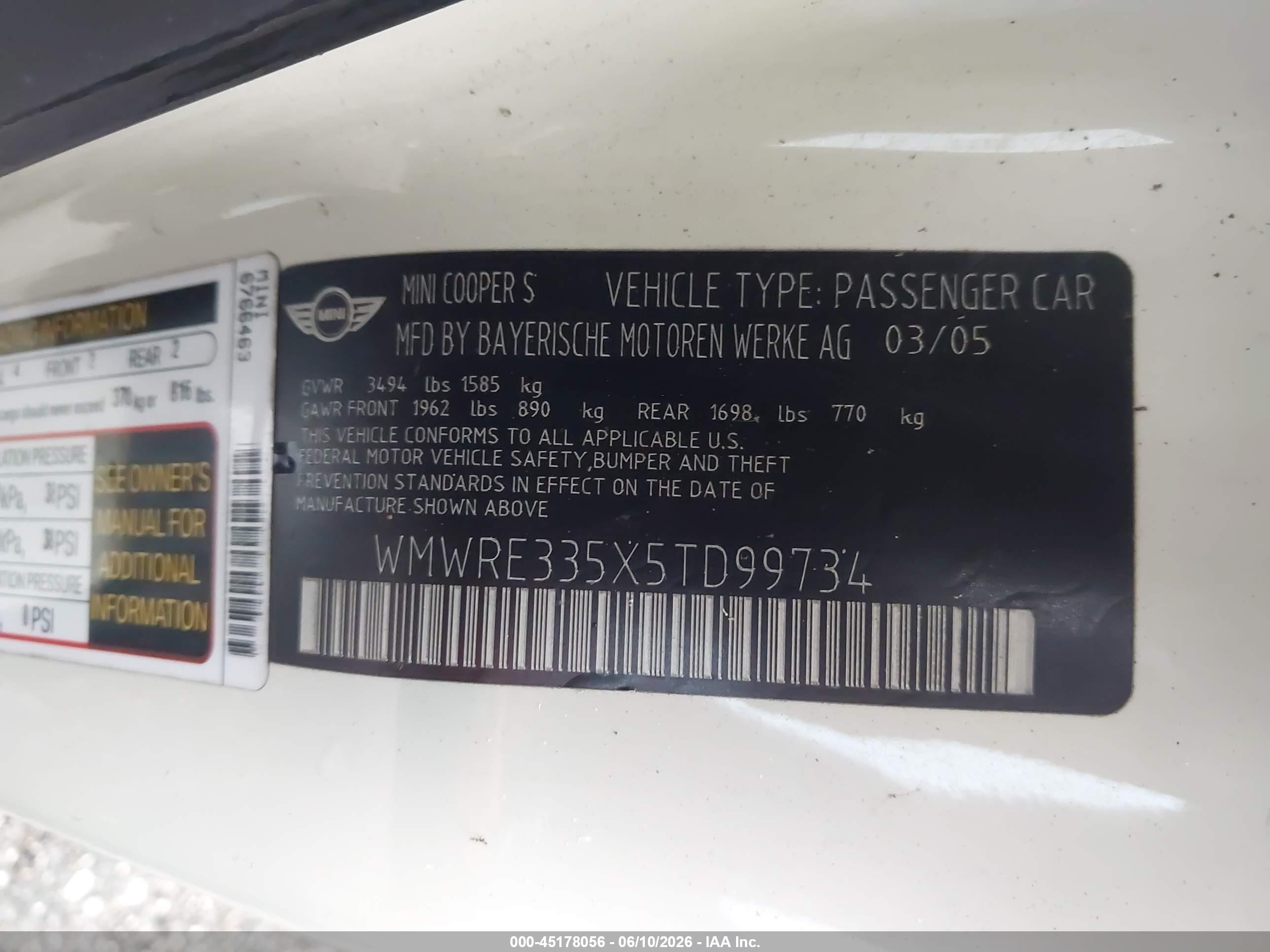 2005 Mini Cooper S   Cream vin: WMWRE335X5TD99734