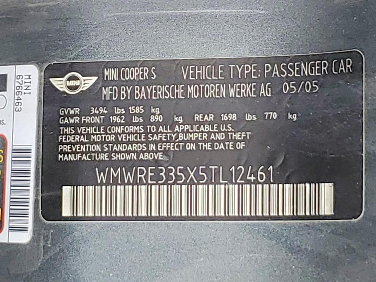 2005 Mini Cooper S Charcoal vin: WMWRE335X5TL12461