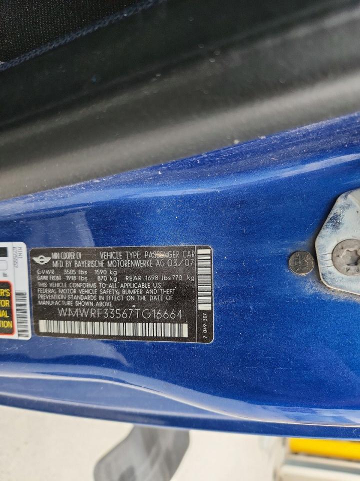 2007 Mini Cooper Blue vin: WMWRF33567TG16664