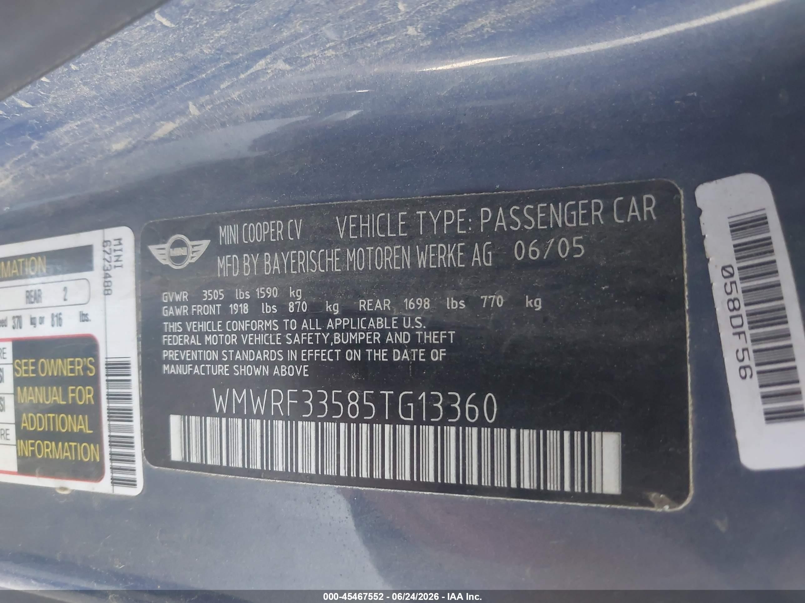 2005 Mini Cooper   Blue vin: WMWRF33585TG13360