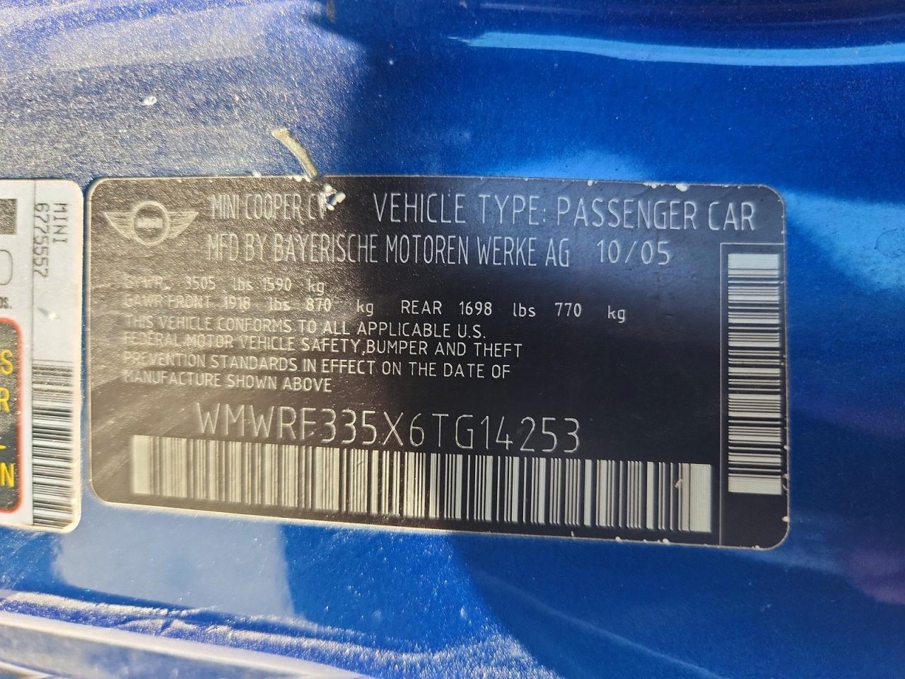 2006 Mini Cooper Blue vin: WMWRF335X6TG14253