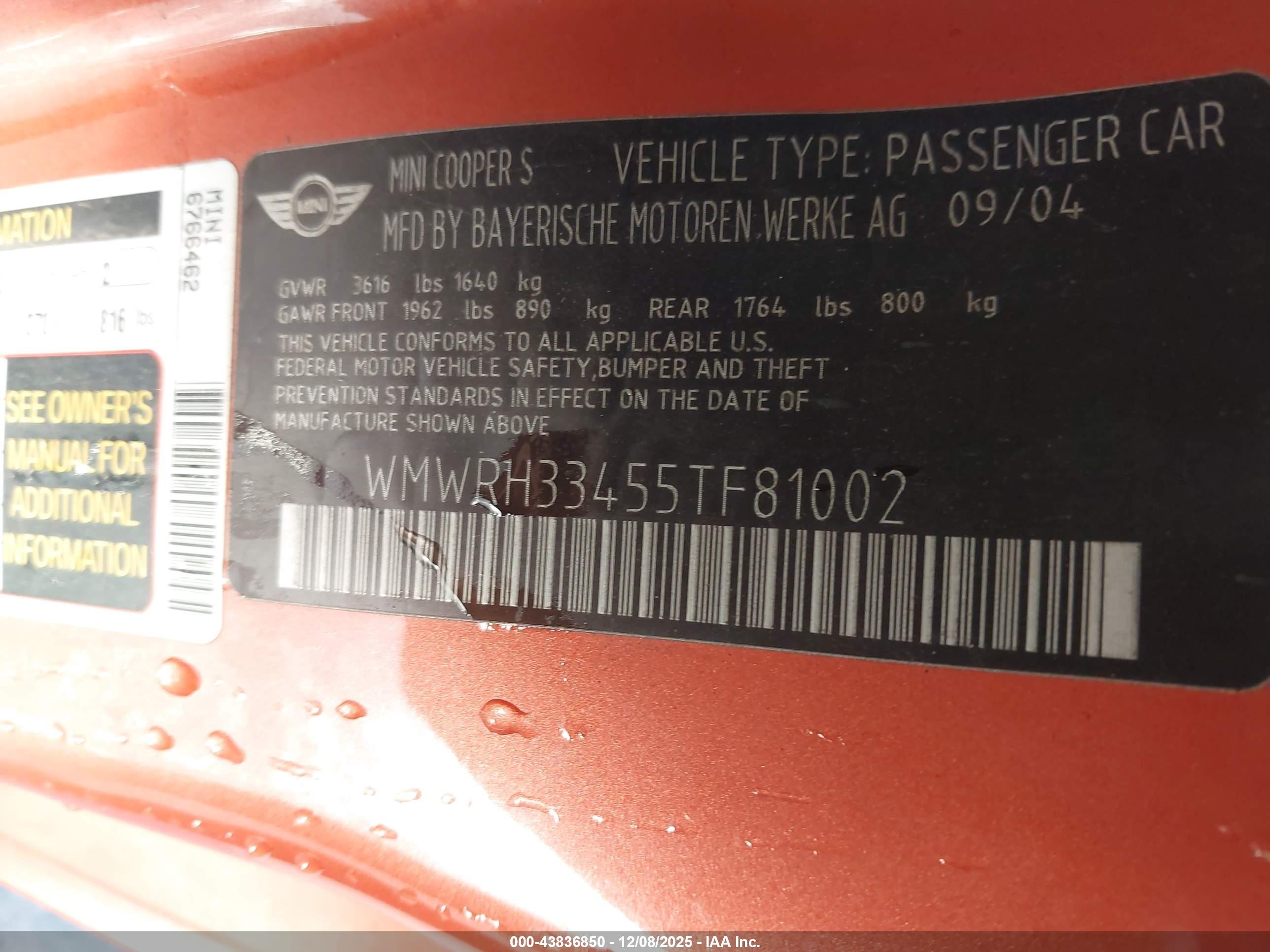 2005 Mini Cooper S   Orange vin: WMWRH33455TF81002