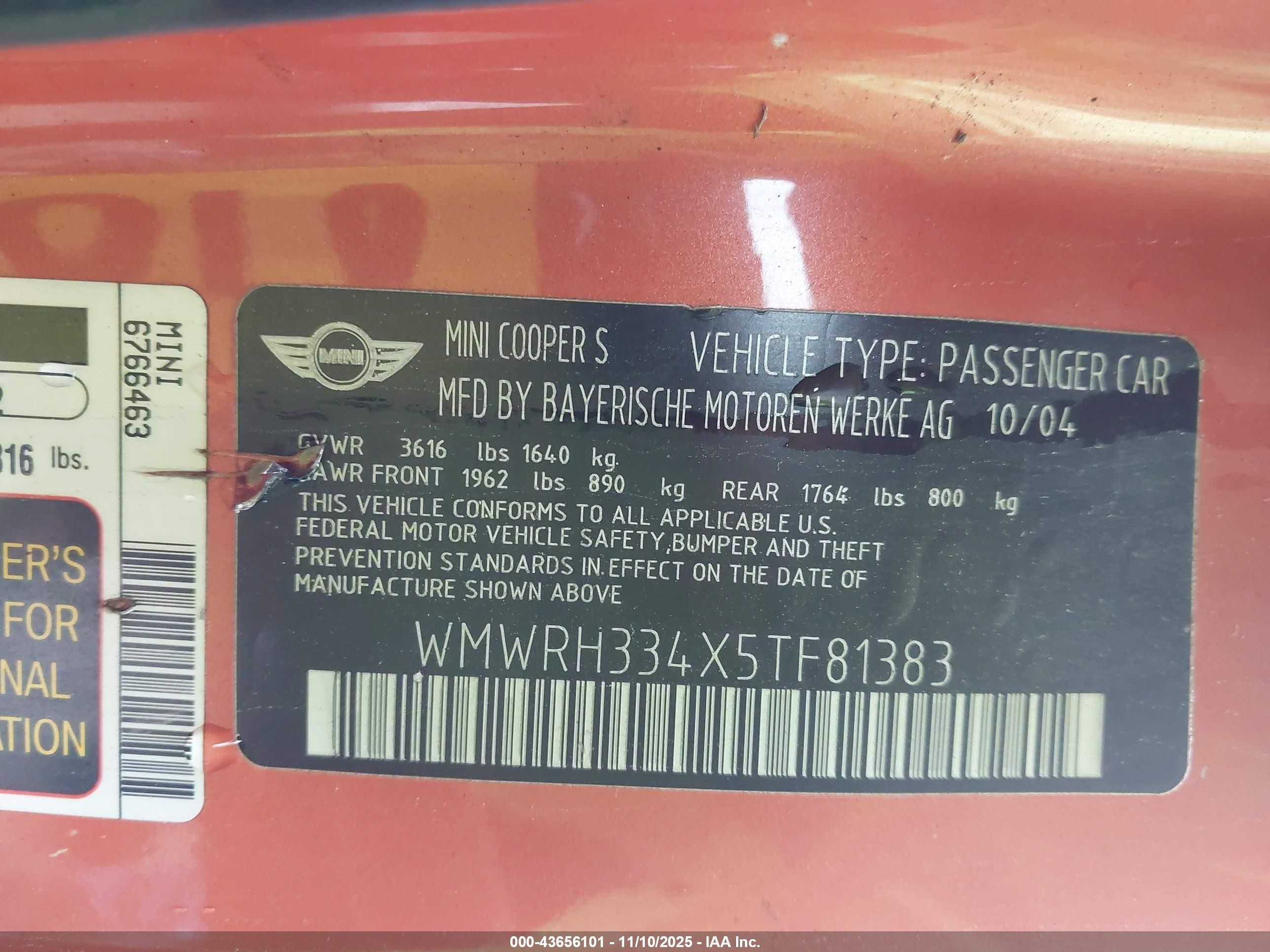 2005 Mini Cooper S   Orange vin: WMWRH334X5TF81383