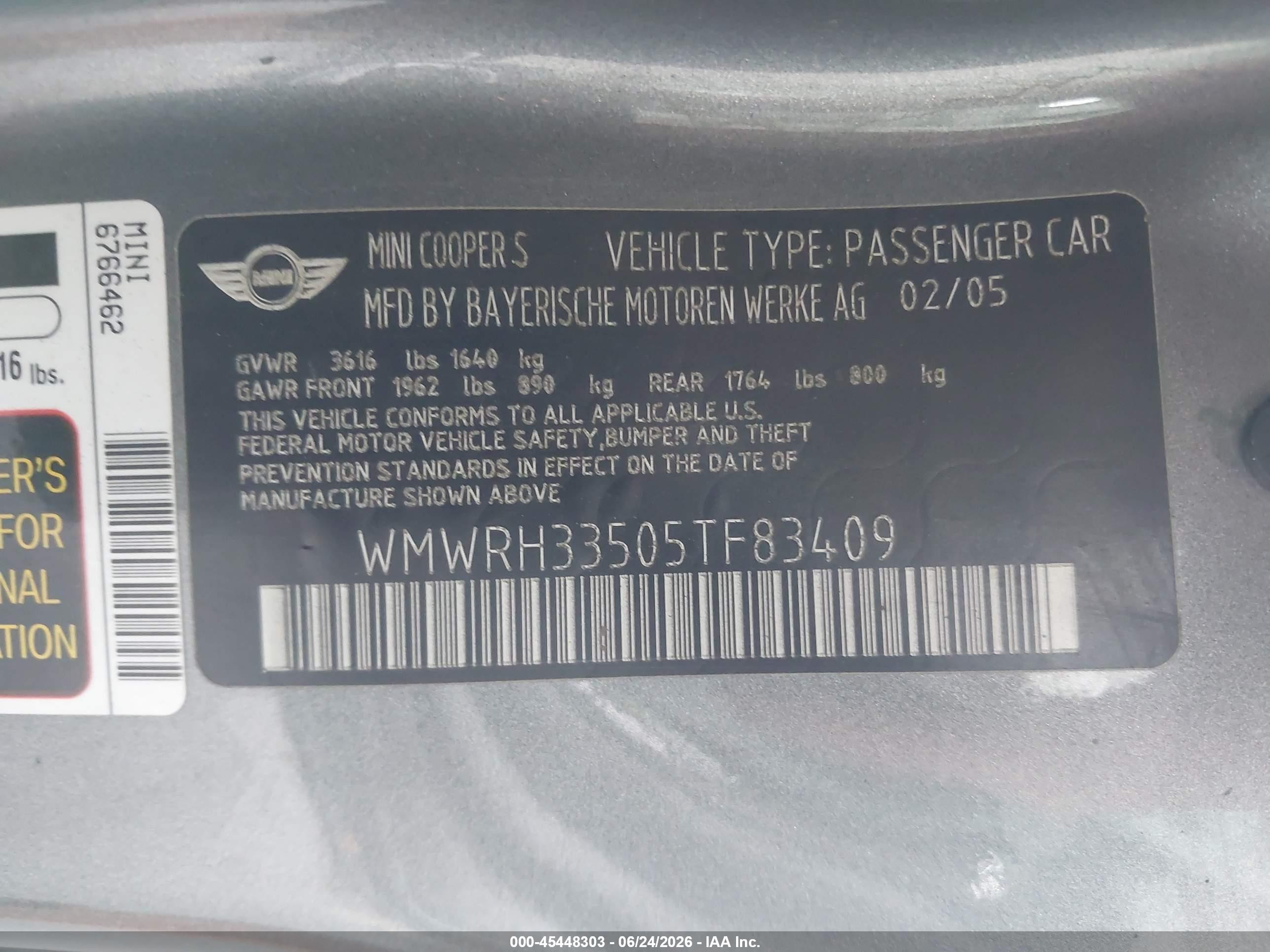 2005 Mini Cooper S   Gray vin: WMWRH33505TF83409
