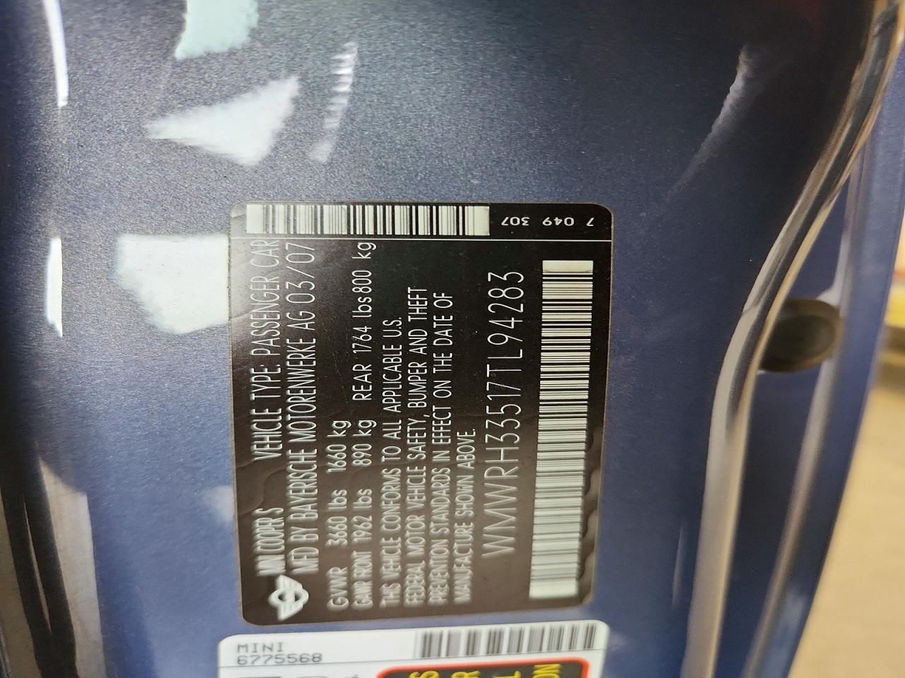 2007 Mini Cooper S Blue vin: WMWRH33517TL94283