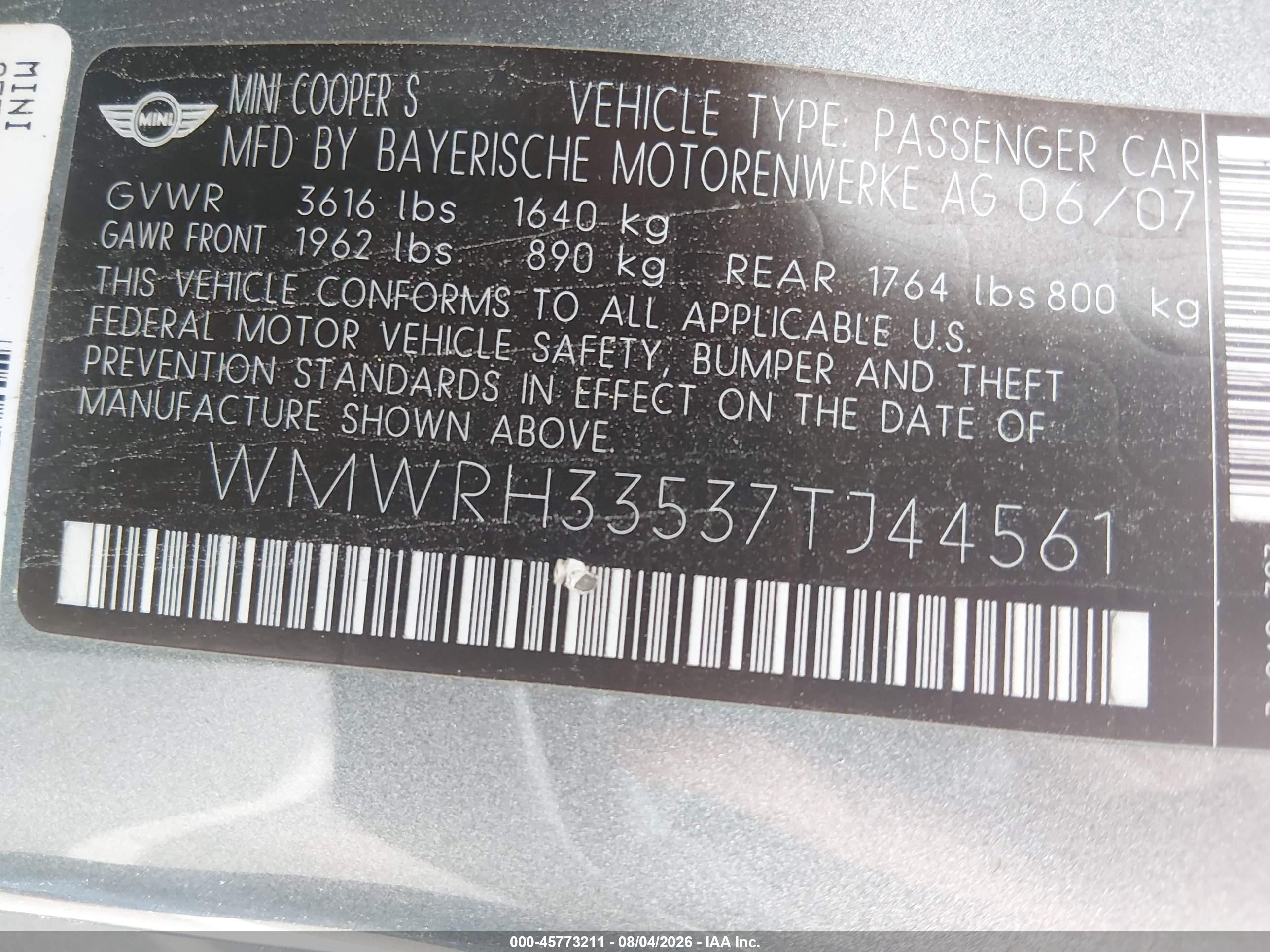 2007 Mini Cooper S   Gray vin: WMWRH33537TJ44561