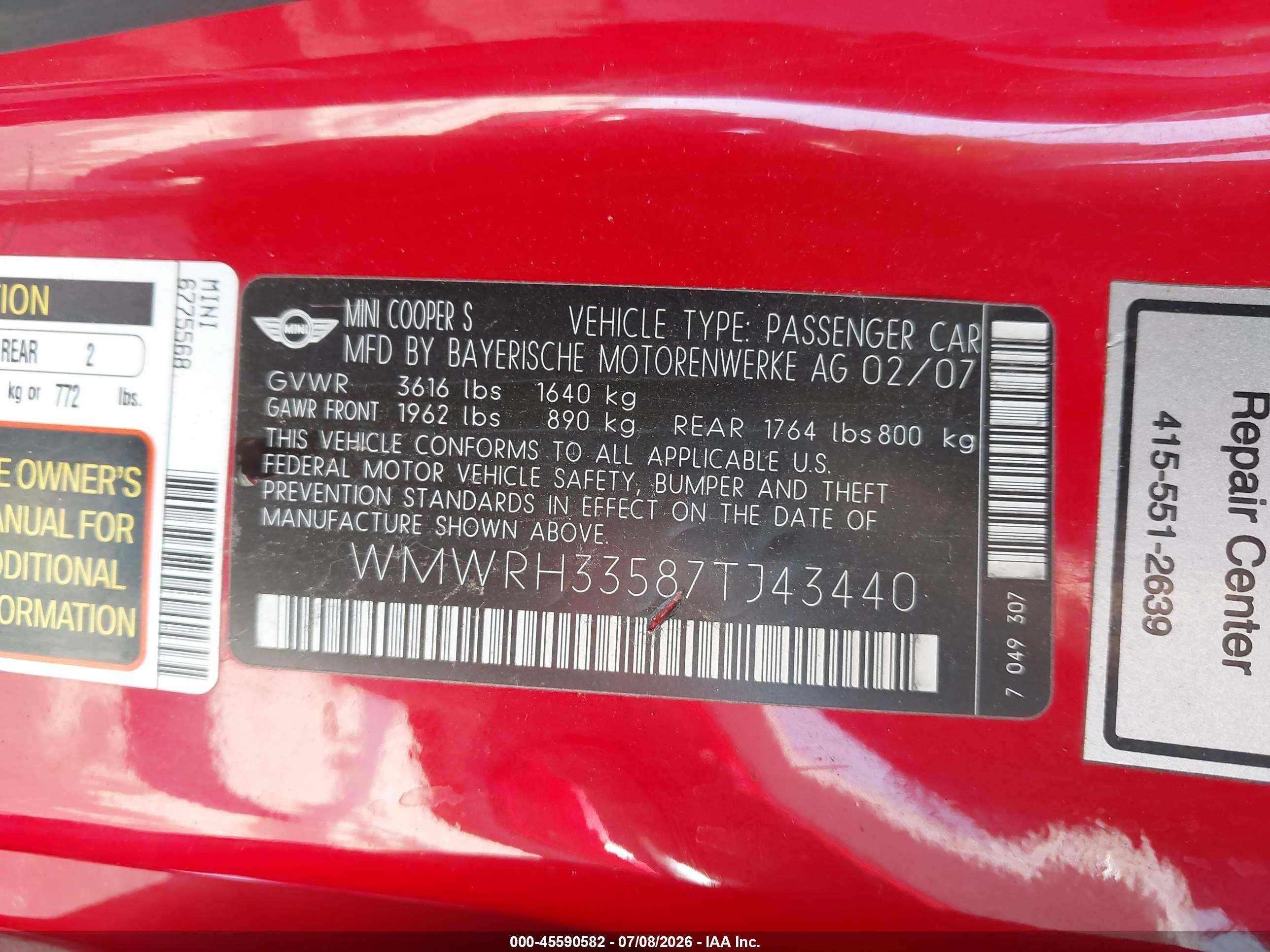 2007 Mini Cooper S   Red vin: WMWRH33587TJ43440